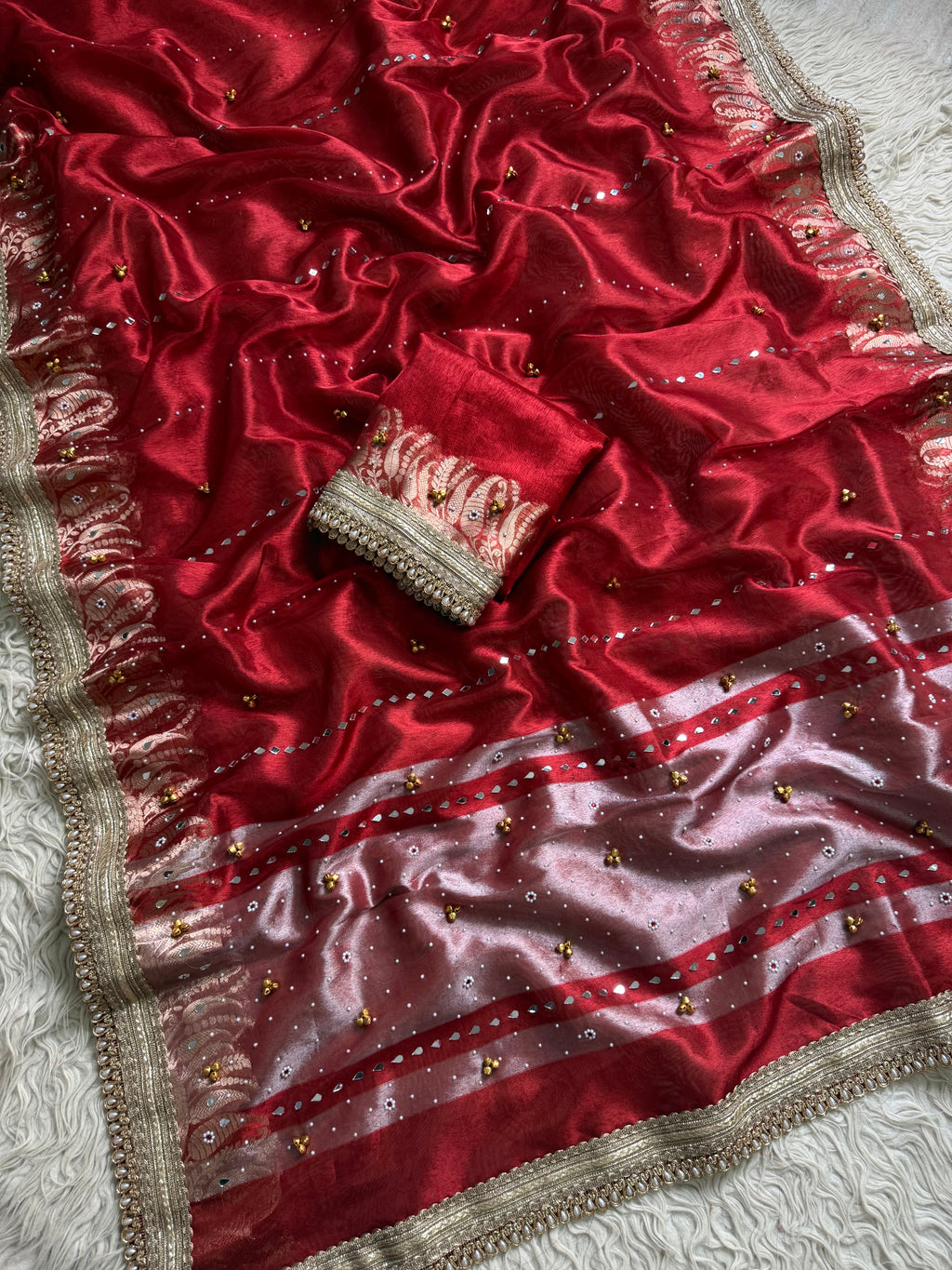 Red Mirchi border Banarasi tissue saree X ghungroo and mirror work