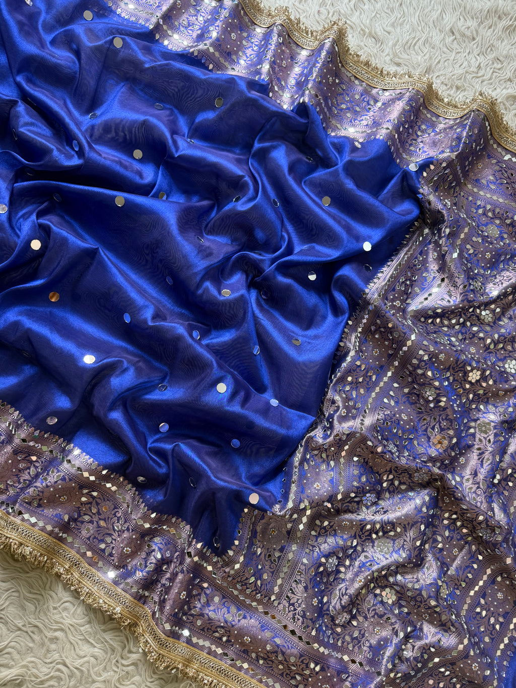 Designer Banarasi Tissue Saree with Pearl and mirror Work on all over Body with Intricate Border and Pallu Design Along with Gotta Patti Lace Work