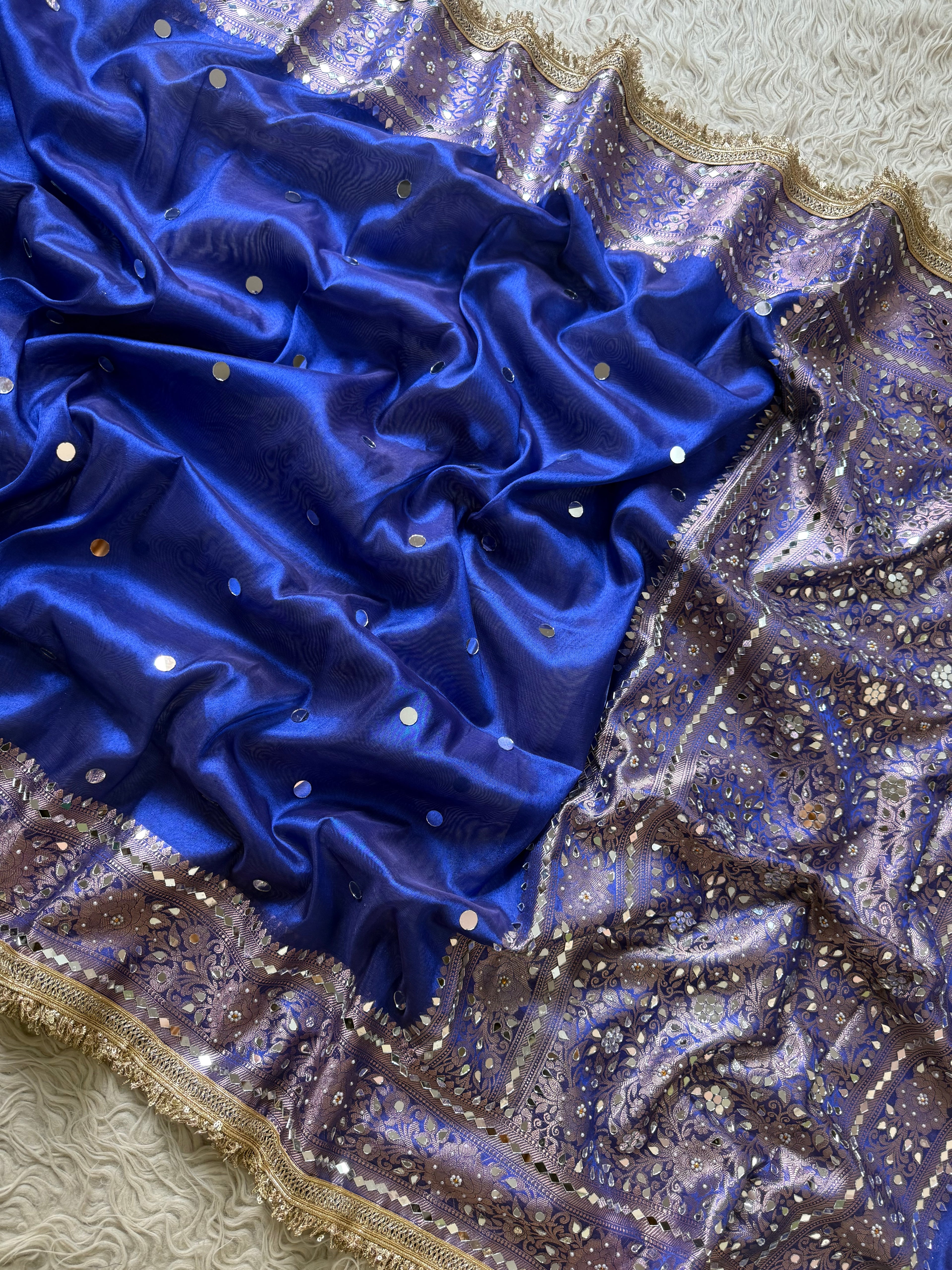 Designer Banarasi Tissue Saree with Pearl and mirror Work on all over Body with Intricate Border and Pallu Design Along with Gotta Patti Lace Work