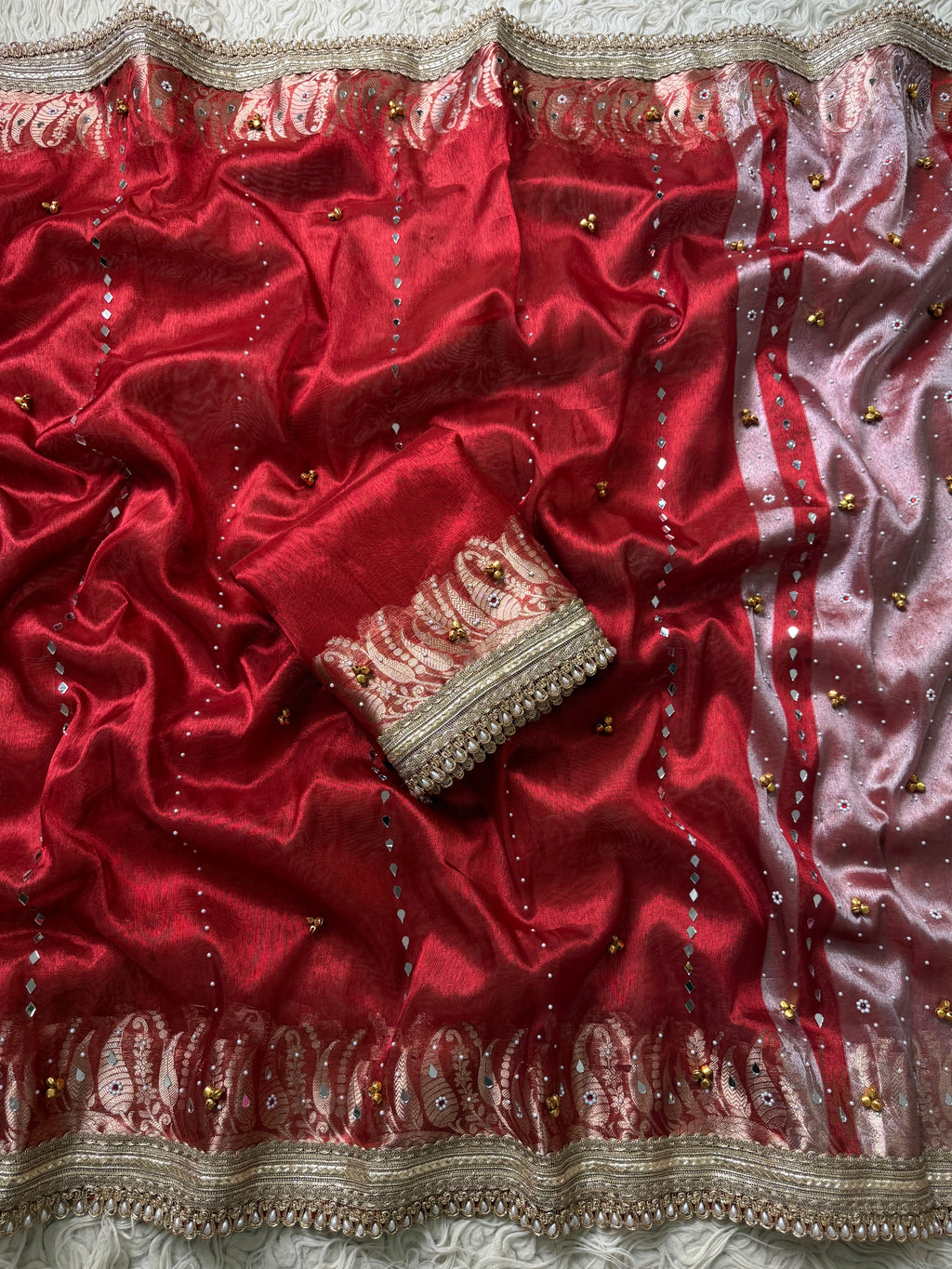 Red Mirchi border Banarasi tissue saree X ghungroo and mirror work