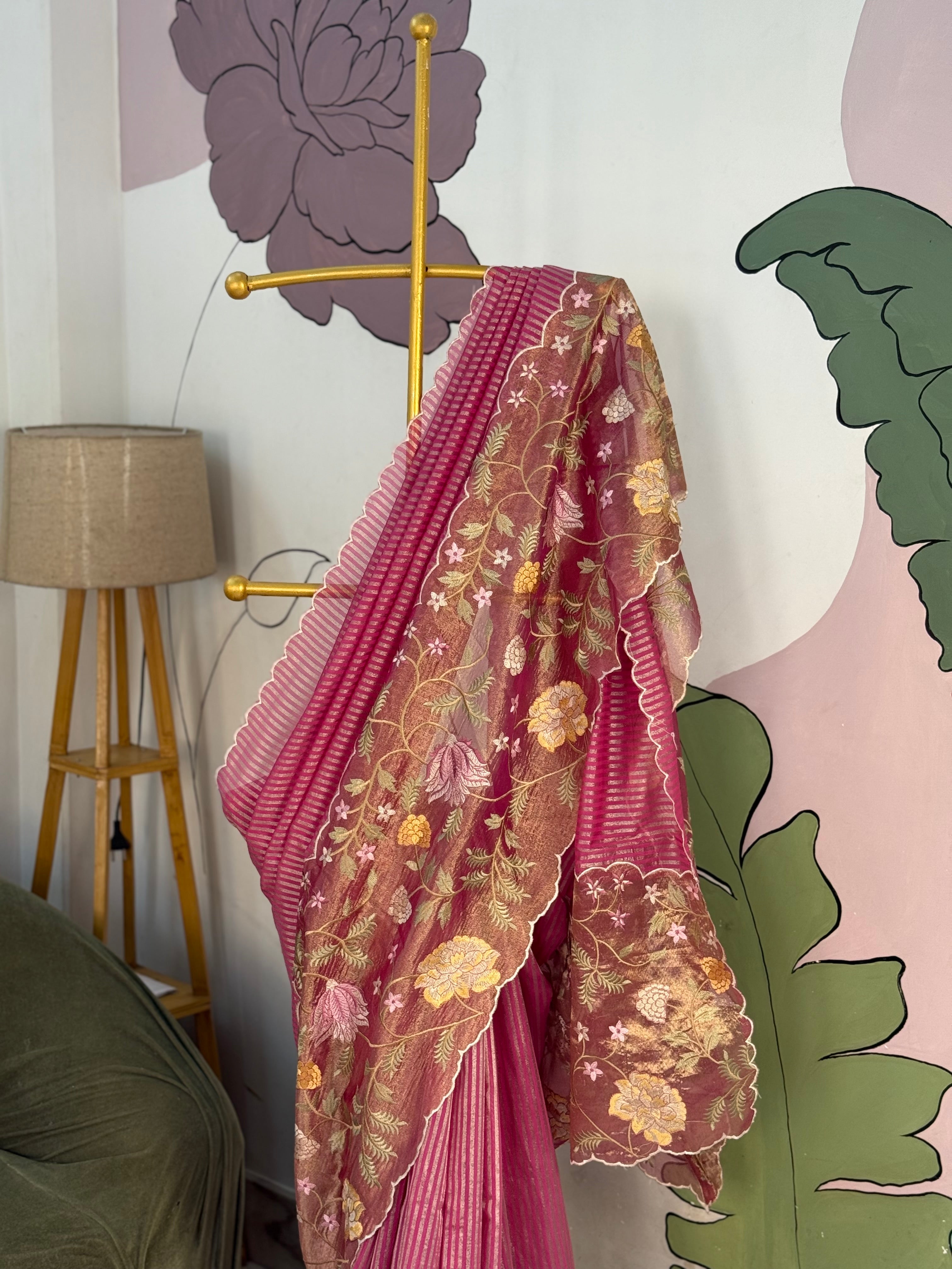 Rani Pink Brown Designer Chiniya Tissue Silk Stripe Saree with multi color floral embroidered on Tissue Base