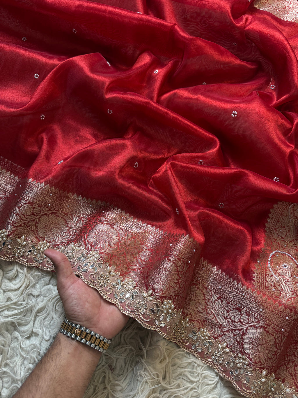 Designer Banarasi Tissue Saree with Pearl Work on all over Body with Intricate Border and Pallu Design Along with Gotta Patti Lace Work