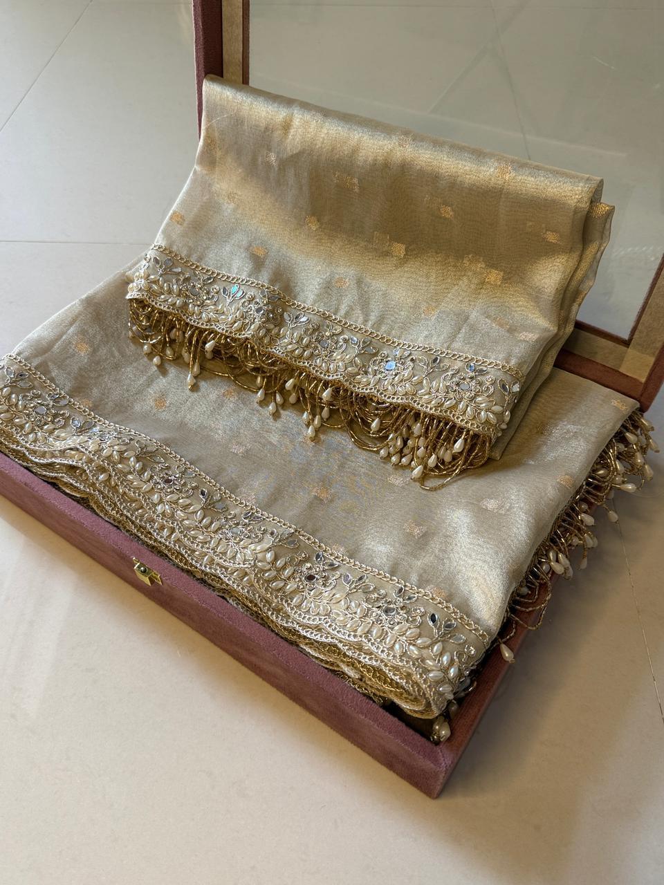 Ivory buti Banarasi Tissue Saree with Designer Pearl and Mirror Lace Work Jhalar Lace on Pallu