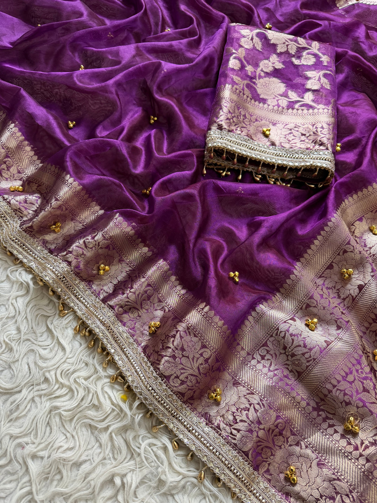 Deep purple Banarasi tissue saree X ghungroo work