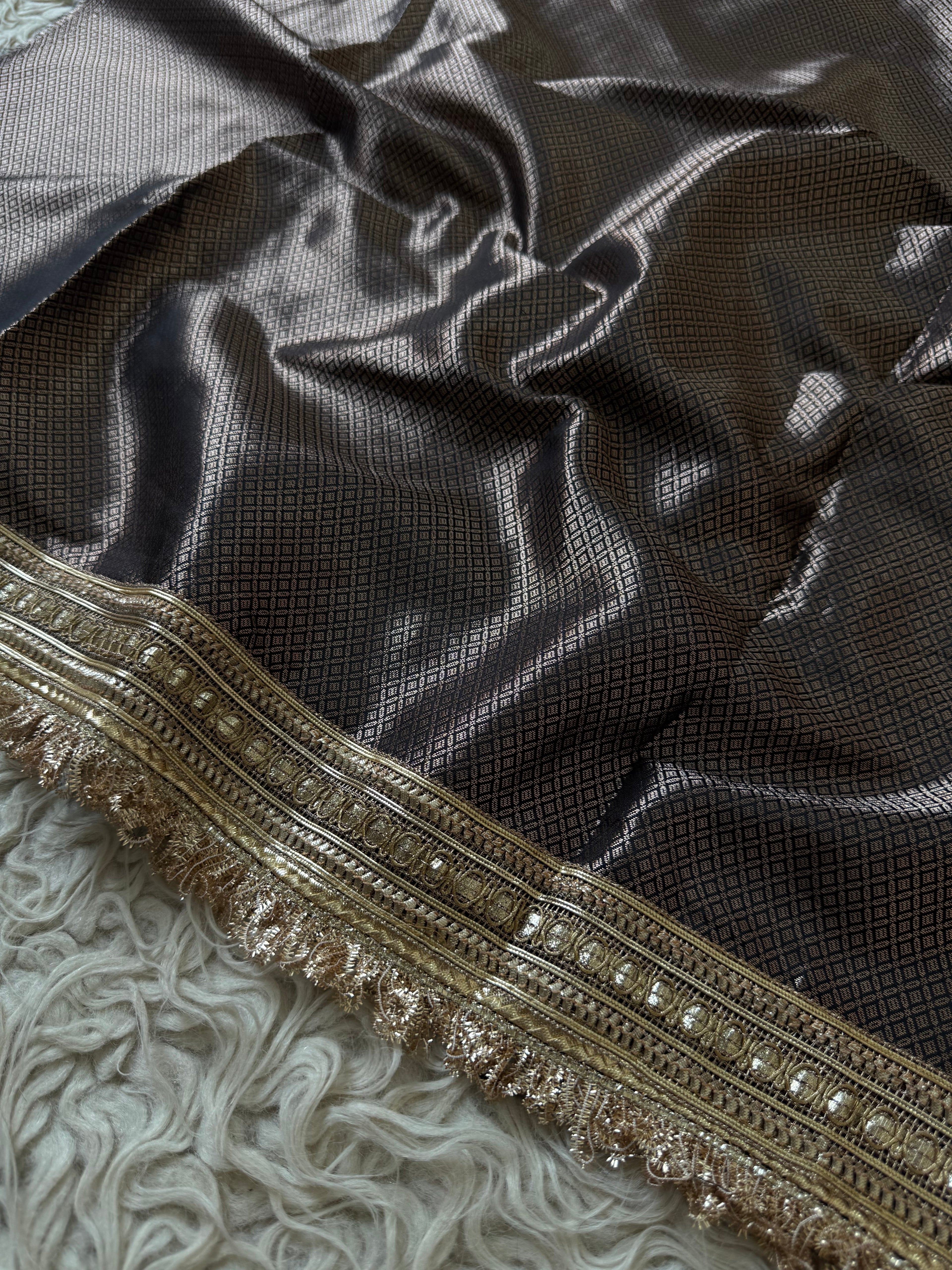 Designer Banarasi katan Saree with Pearl and mirror Work on all over Body with Intricate Border and Pallu Design Along with Gotta Patti Lace Work