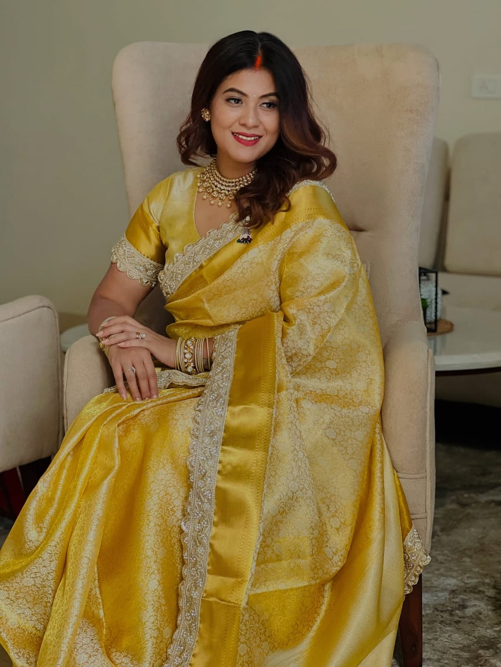 Gold Bridal Kanjeevaram Brocade Tissue Saree with Designer Pearl and Mirror Lace Work Jhalar Lace on Pallu 