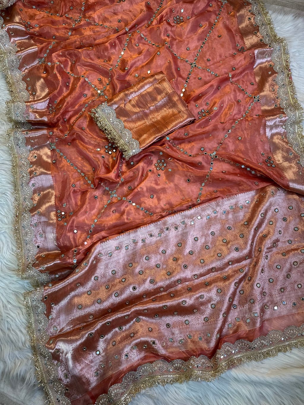100%Pure Banarasi Tissue Saree with Hand Work on all over Body with Intricate Border and Pallu Design Along with diamond  Lace Work