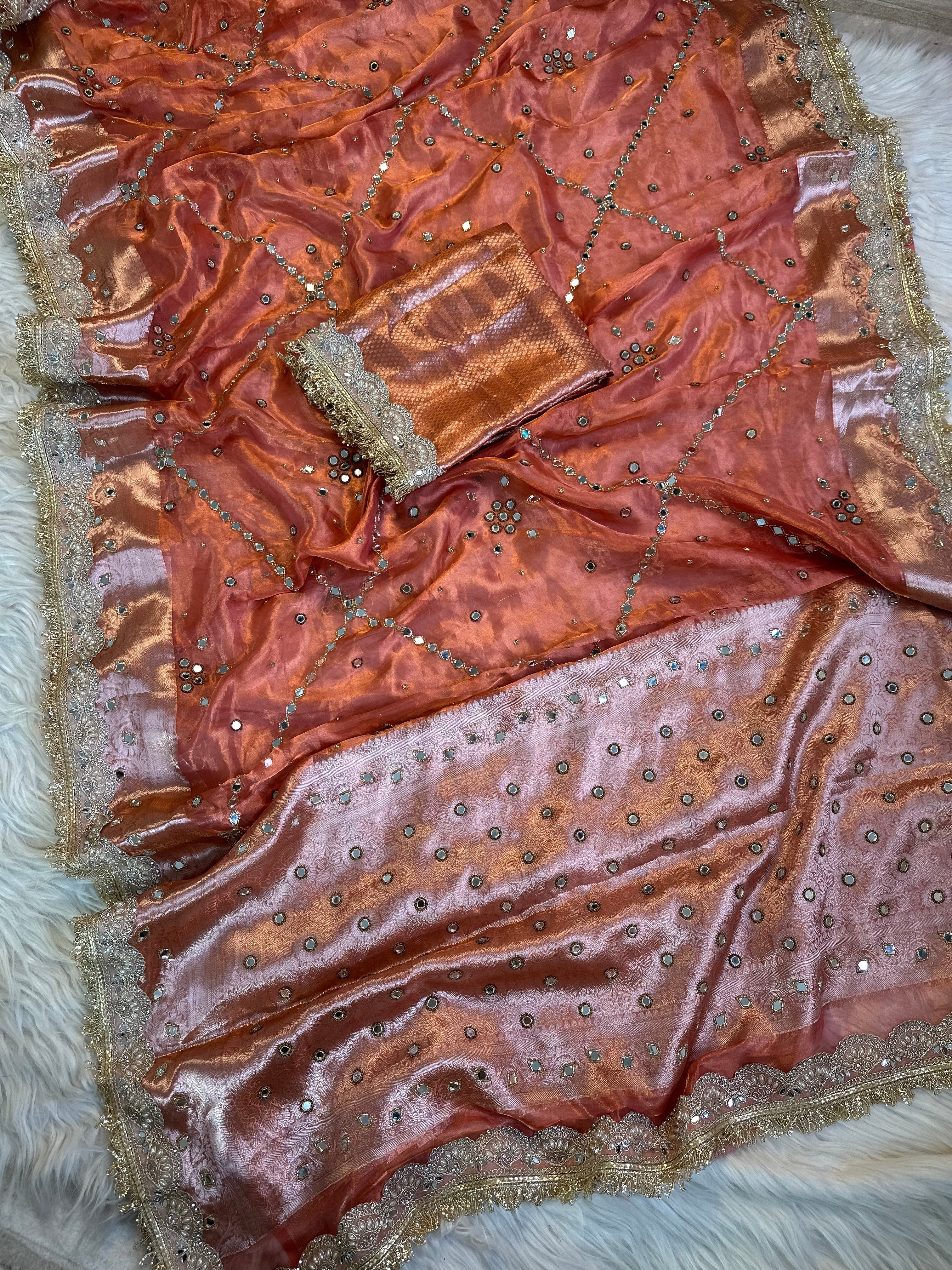 100%Pure Banarasi Tissue Saree with Hand Work on all over Body with Intricate Border and Pallu Design Along with diamond  Lace Work