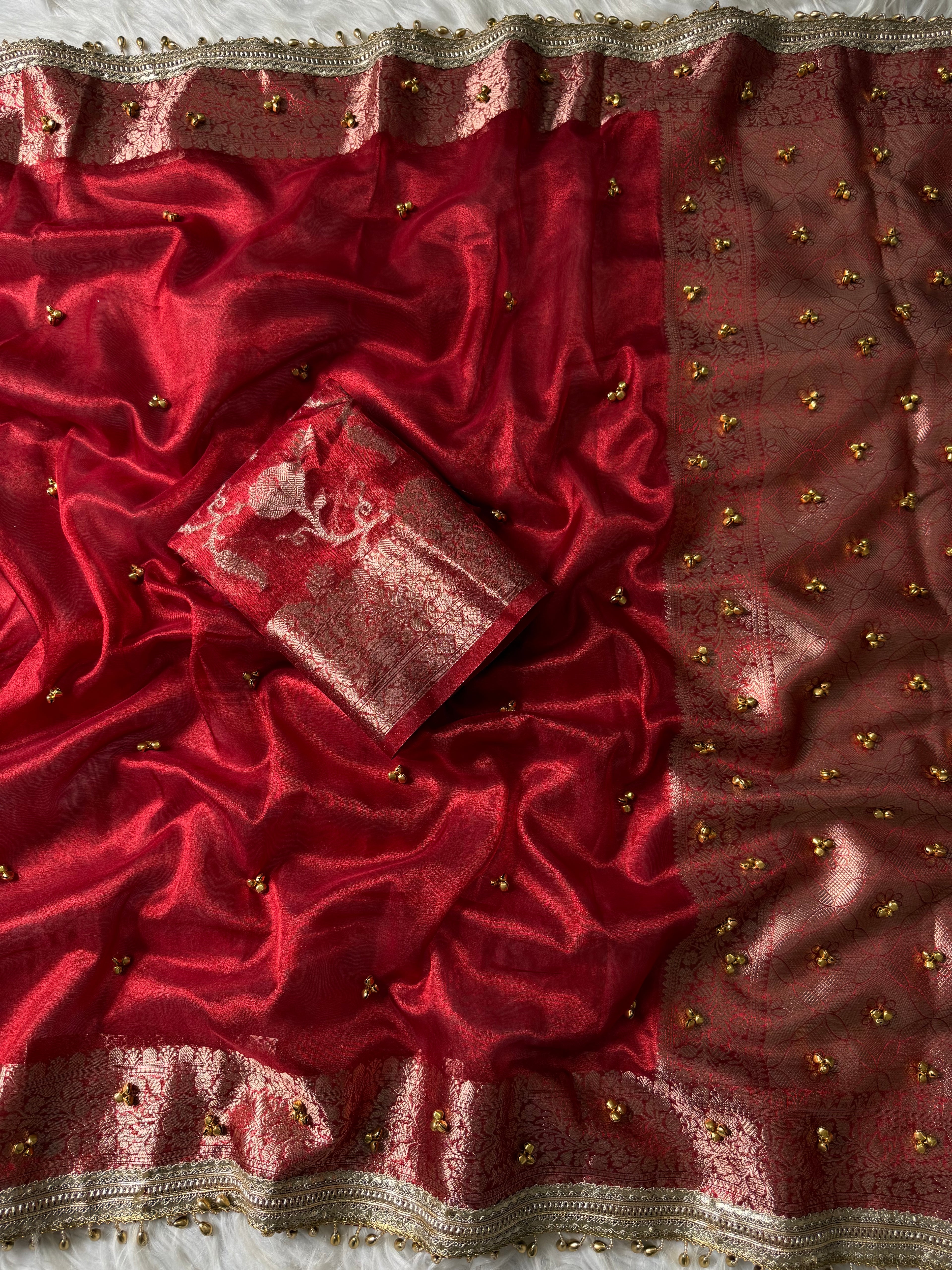 Red Banarasi tissue saree X ghungroo work