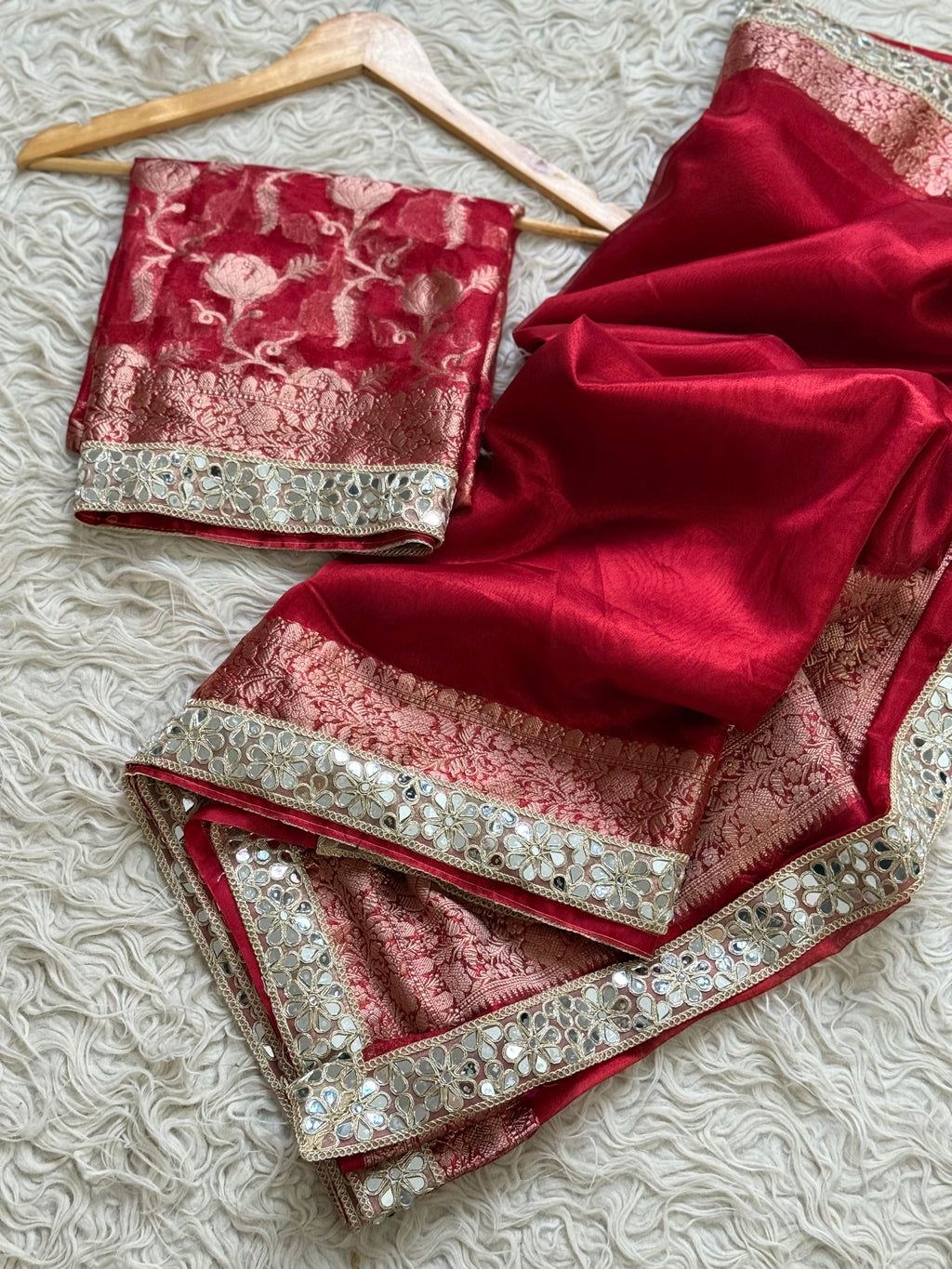 Red designer tissue saree with lovely mirror lace