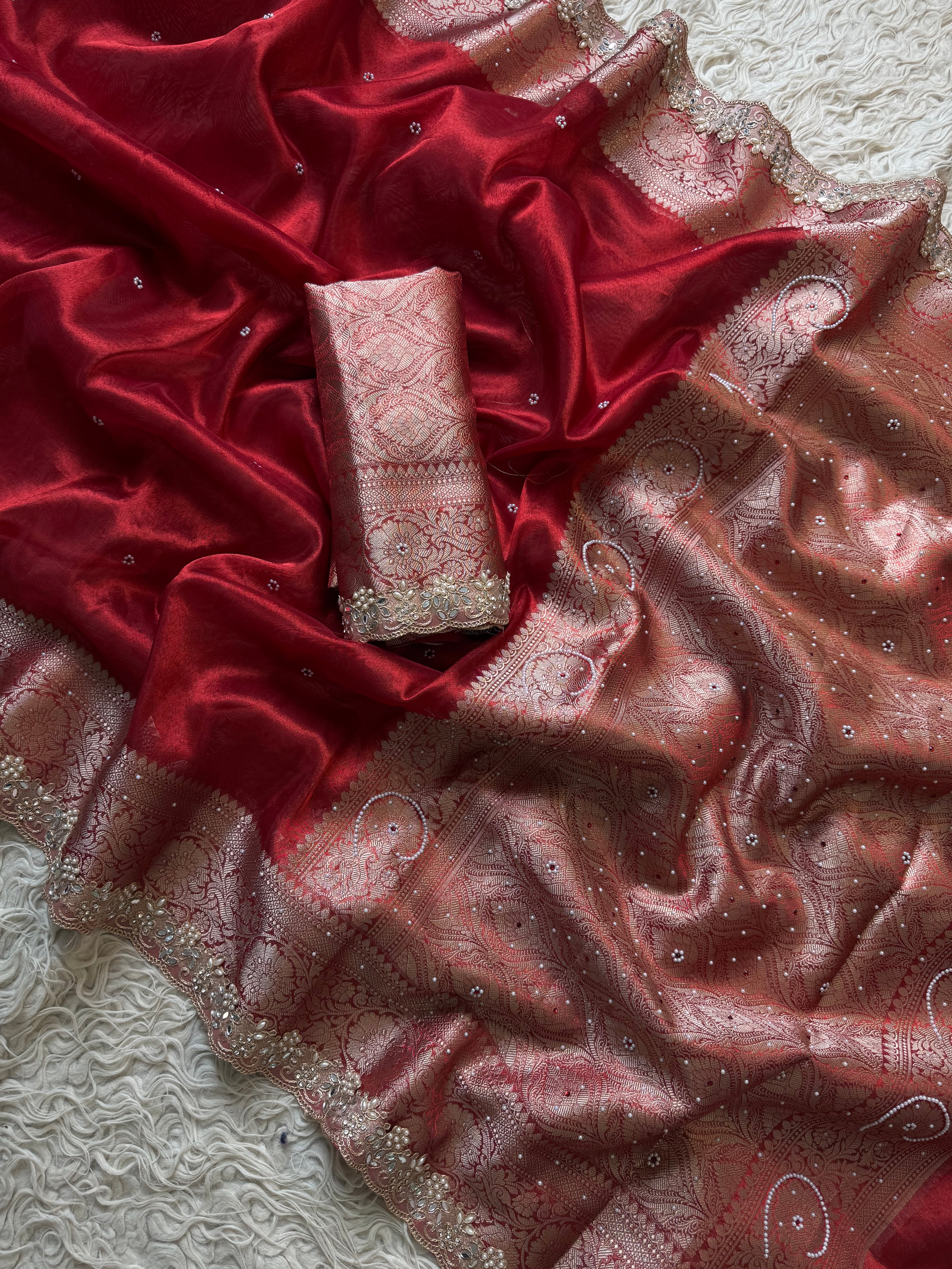 Designer Banarasi Tissue Saree with Pearl Work on all over Body with Intricate Border and Pallu Design Along with Gotta Patti Lace Work