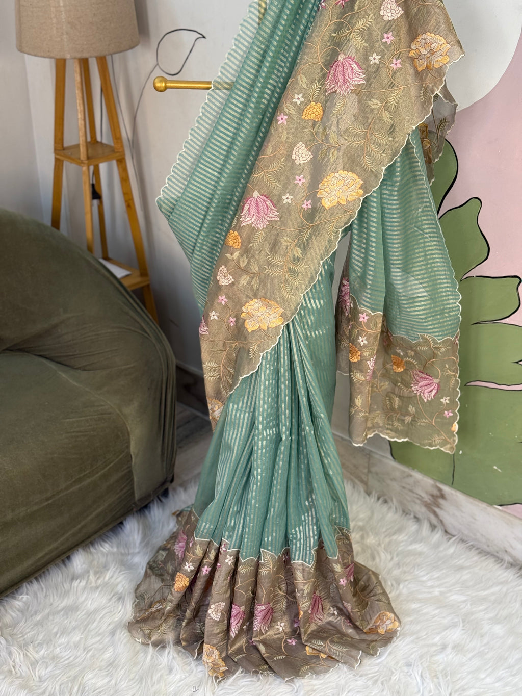 Pastel Blue Designer Chiniya Tissue Silk Stripe Saree with multi color floral embroidered on Tissue Base
