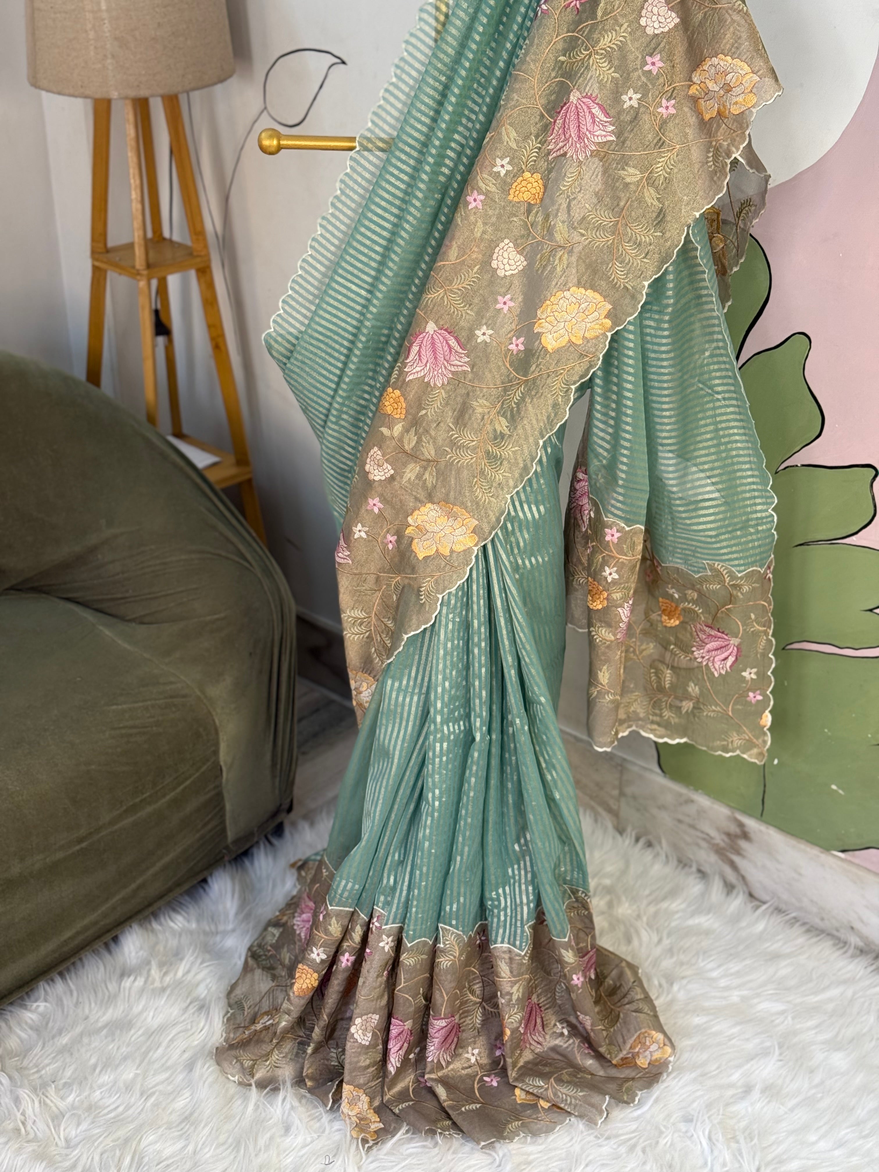 Pastel Blue Designer Chiniya Tissue Silk Stripe Saree with multi color floral embroidered on Tissue Base