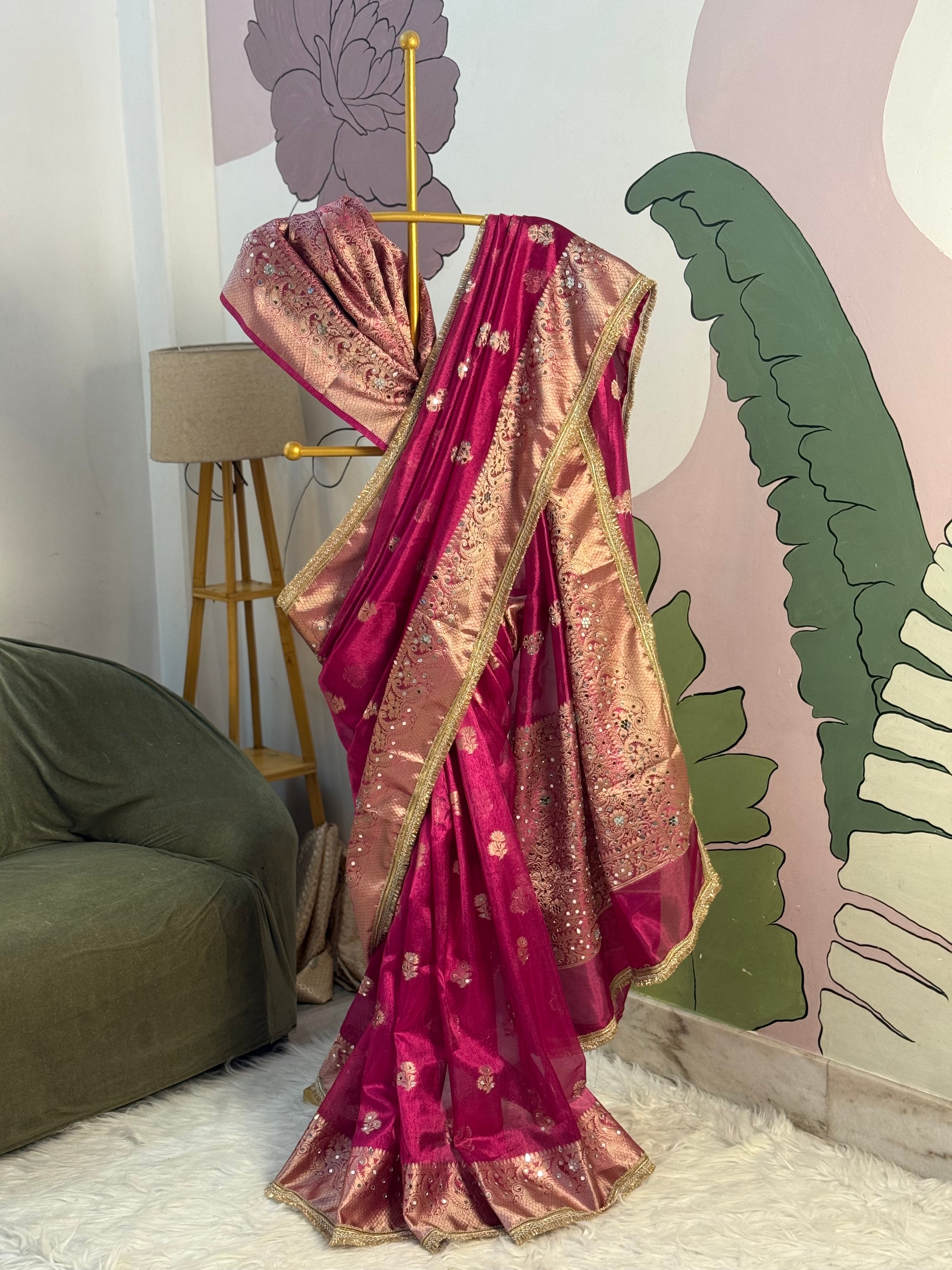 Designer Banarasi Tissue Saree with mirror Work on all over Body with Intricate Border and Pallu Design Along with heavy mirror work and Gotta Patti Lace Work