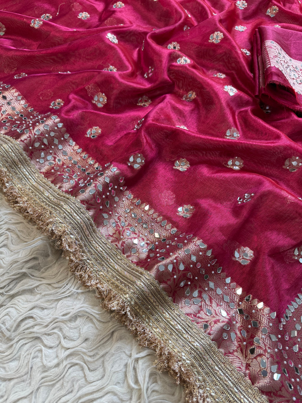 Designer Banarasi Tissue Saree with Pearl Work on all over Body with Intricate Border and Pallu Design Along with Gotta Patti Lace Work