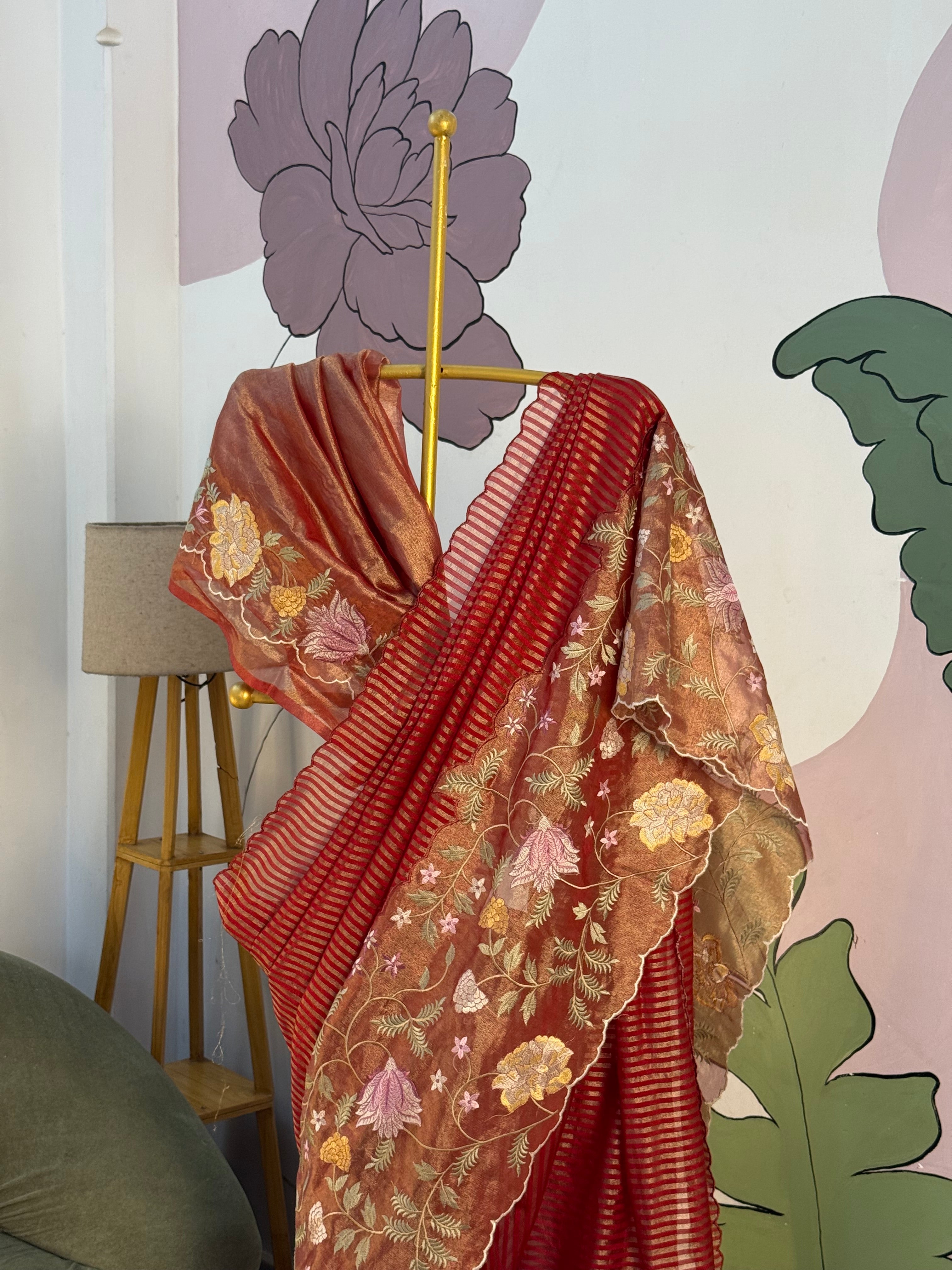 Red Designer Chiniya Tissue Silk Stripe Saree with multi color floral embroidered on Tissue Base