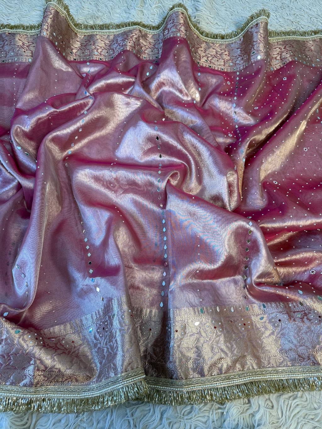 Designer Banarasi Tissue Saree with mirror Work on all over Body with Intricate Border and Pallu Design Along with heavy mirror work and Gotta Patti Lace Work