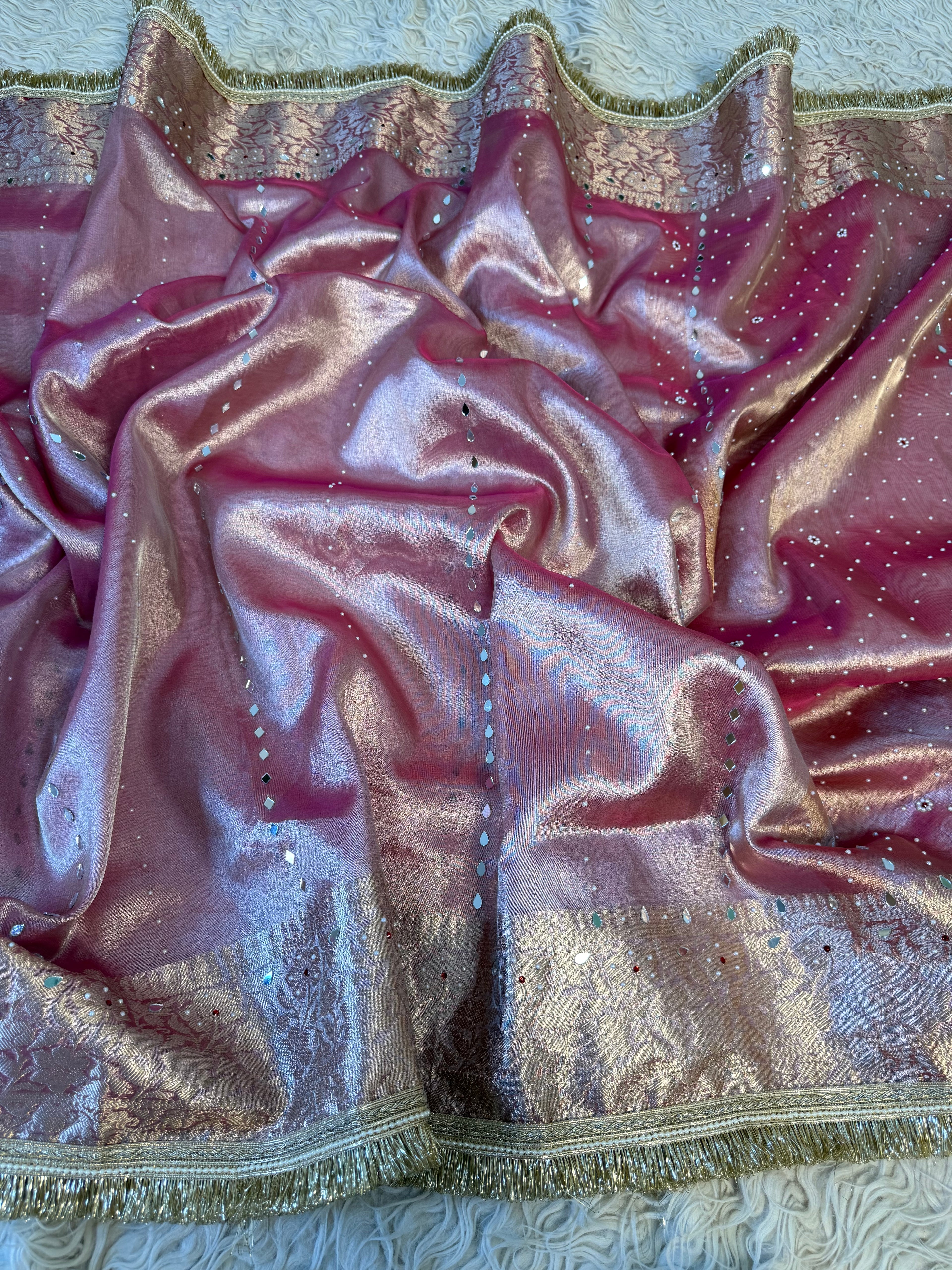 Designer Banarasi Tissue Saree with mirror Work on all over Body with Intricate Border and Pallu Design Along with heavy mirror work and Gotta Patti Lace Work