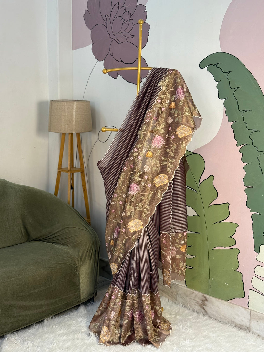 Brown Designer Chiniya Tissue Silk Stripe Saree with multi color floral embroidered on Tissue Base