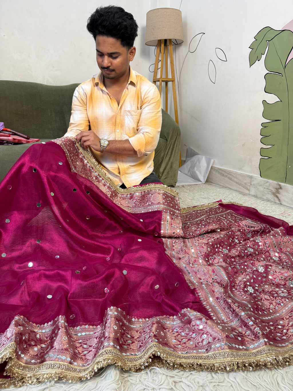 Designer Banarasi Tissue Saree with Pearl and mirror Work on all over Body with Intricate Border and Pallu Design Along with Gotta Patti Lace Work