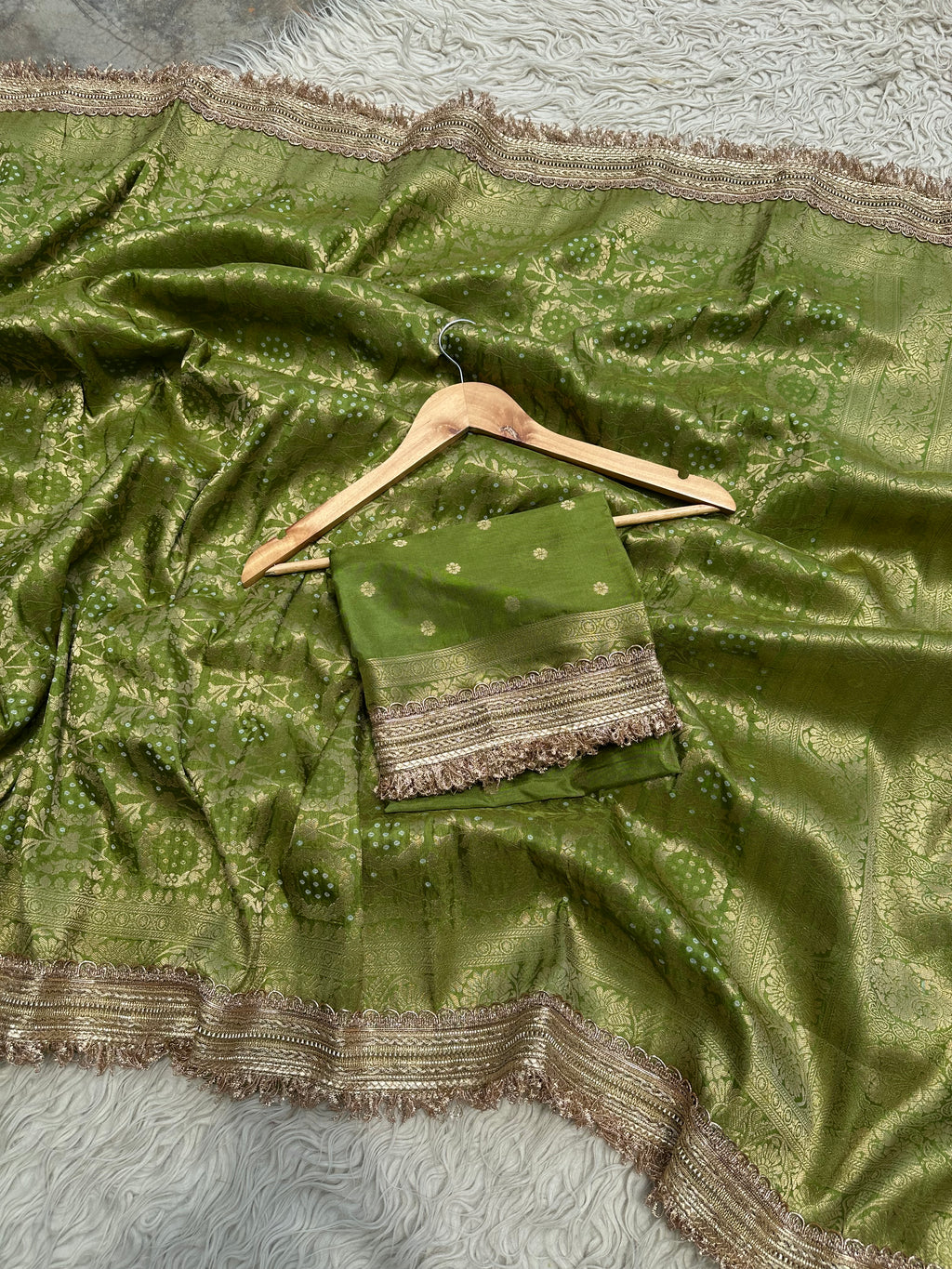 Mehndi Green Designer Georgette Katan Silk Saree with Gota Patti
