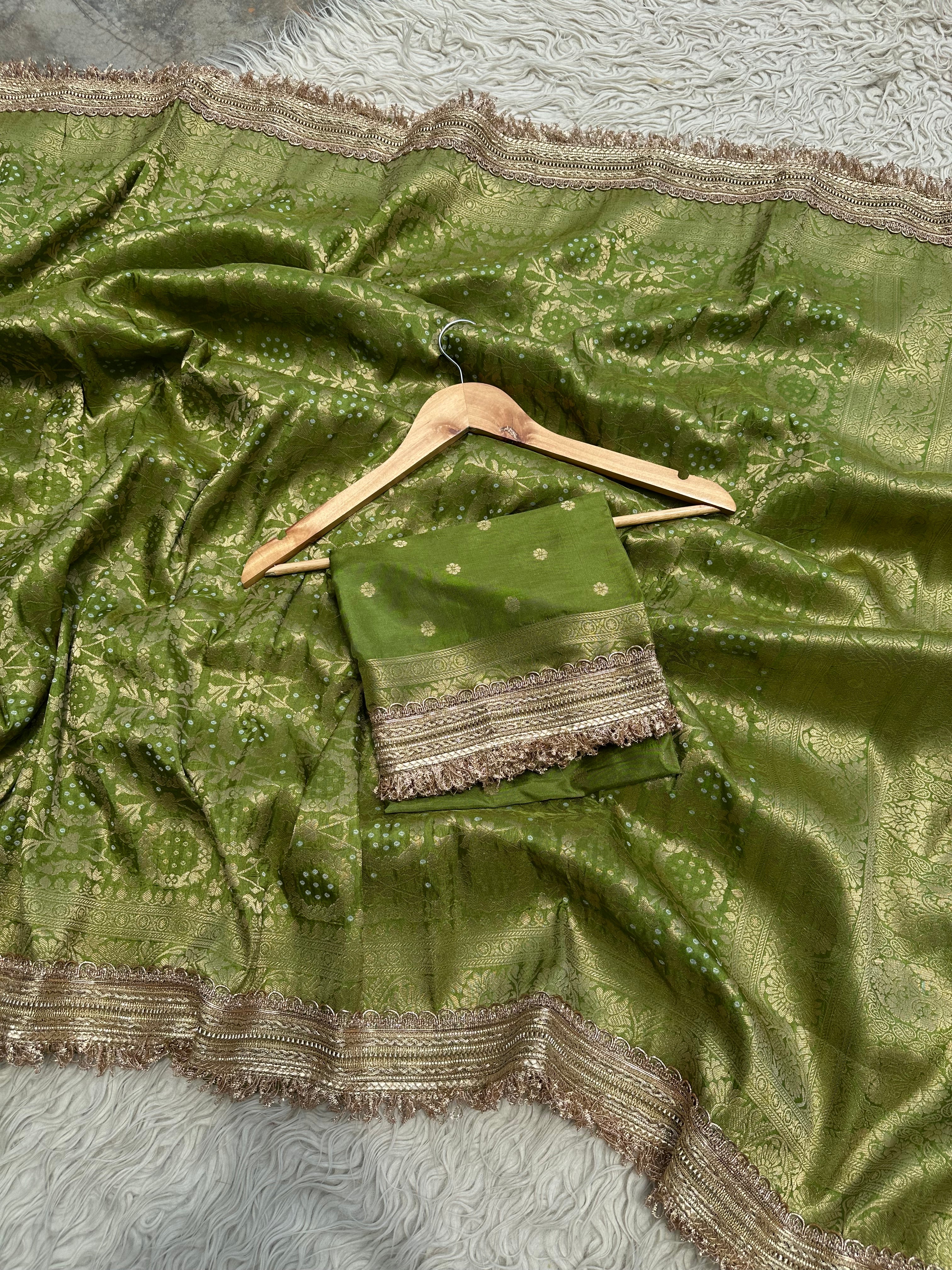 Mehndi Green Designer Georgette Katan Silk Saree with Gota Patti