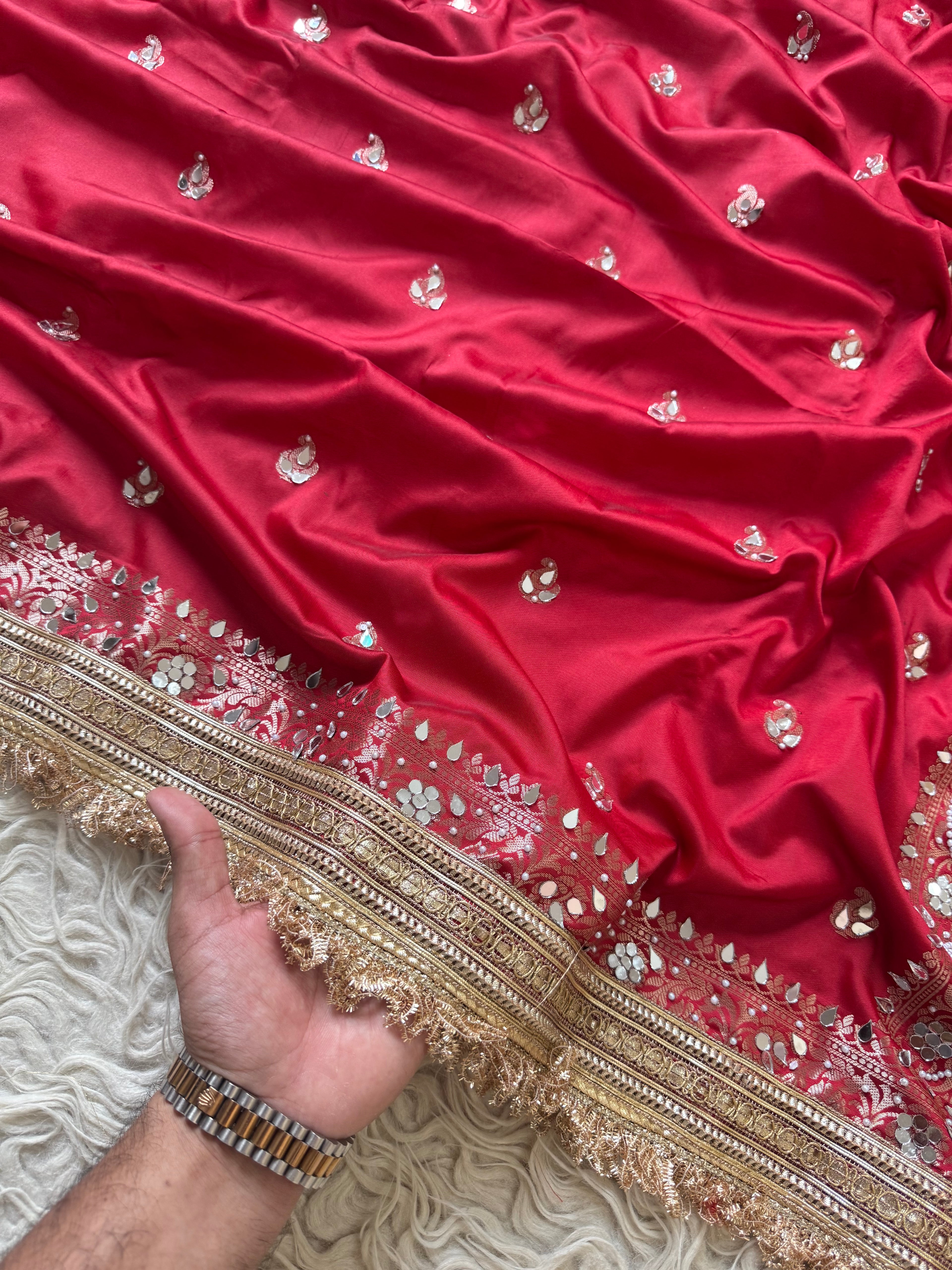 Designer Banarasi katan Saree with Pearl and mirror Work on all over Body with Intricate Border and Pallu Design Along with Gotta Patti Lace Work
