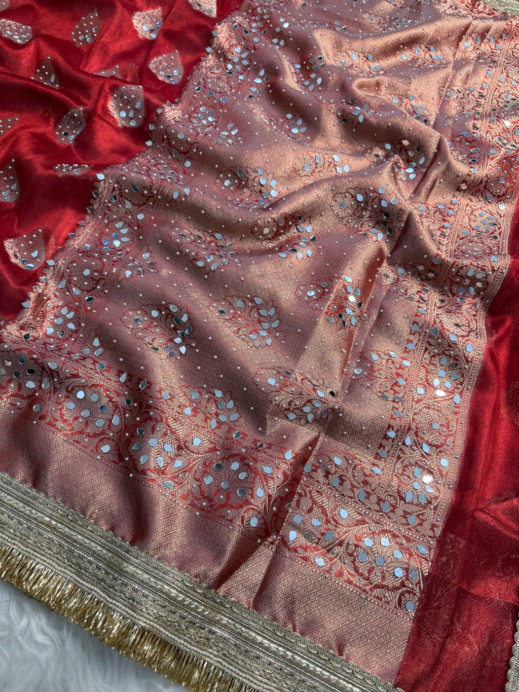 Rani pink Designer Banarasi Tissue Buta Saree with Pearl and mirror Work on all over Body with Intricate Border and Gotta Patti Lace Work