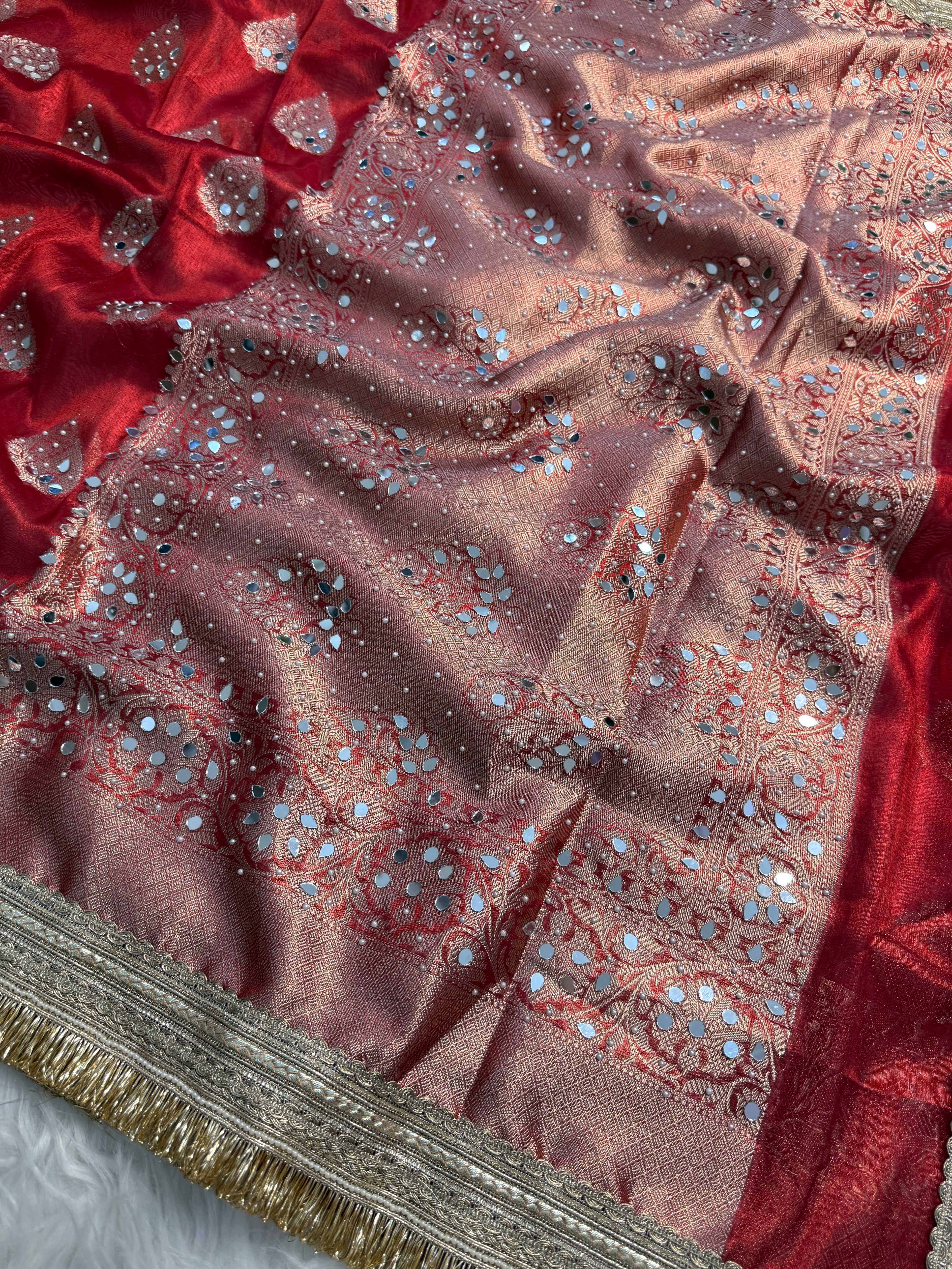 Rani pink Designer Banarasi Tissue Buta Saree with Pearl and mirror Work on all over Body with Intricate Border and Gotta Patti Lace Work