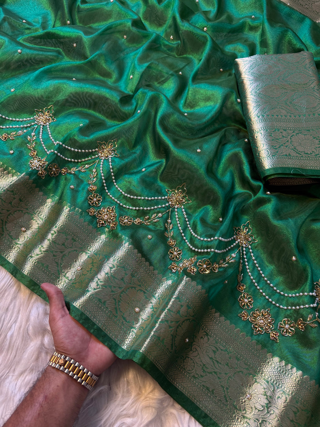 Pretty green Shade Banarasi Tissue Silk Zardozi Handwork Saree