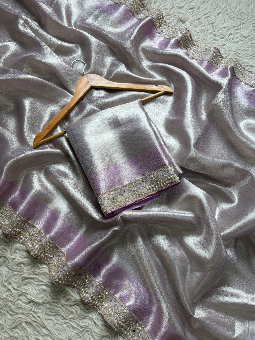 Lilac Bridal Kanjeevaram Brocade Tissue Saree with Designer Pearl and Mirror Lace Work