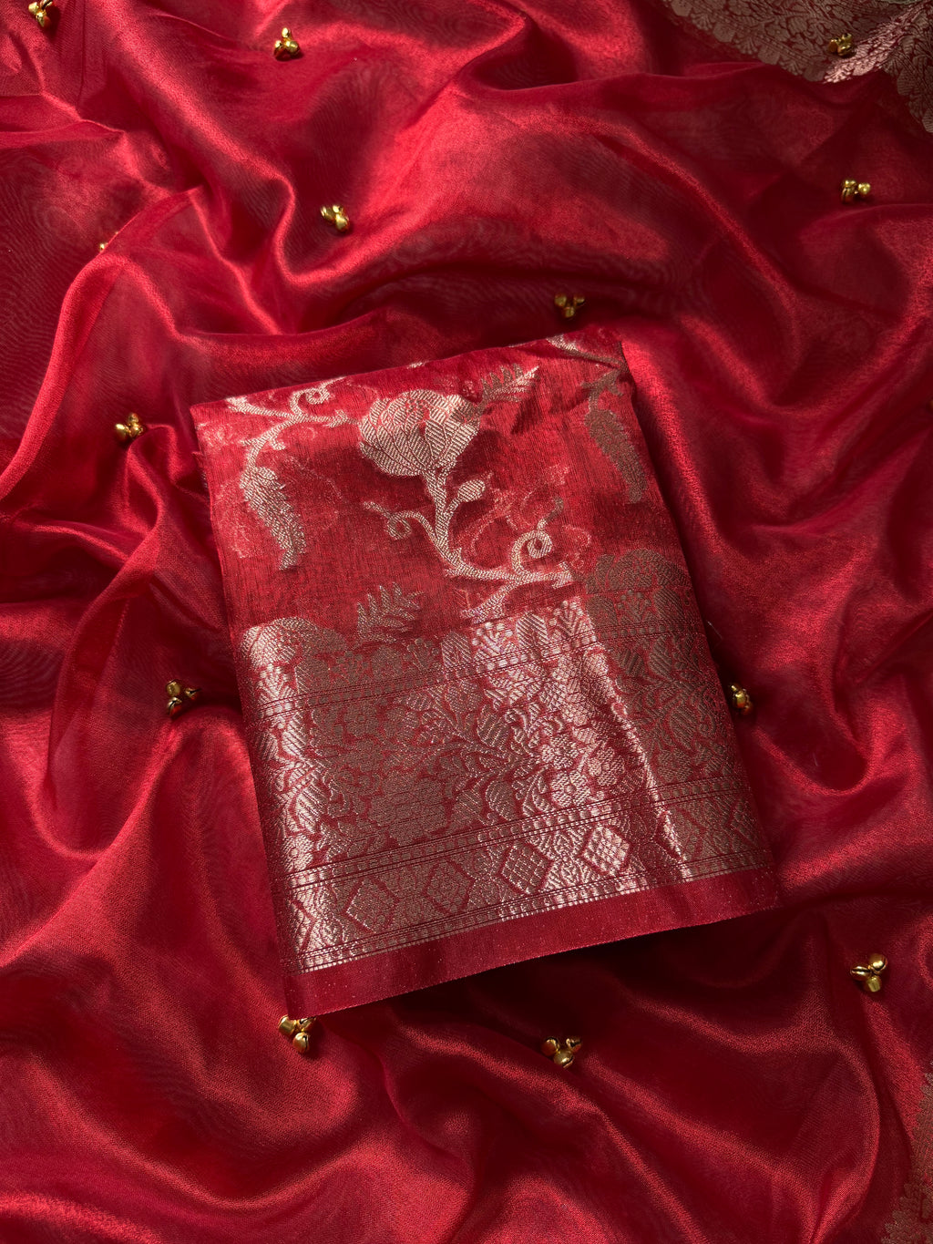 Red Banarasi tissue saree X ghungroo work