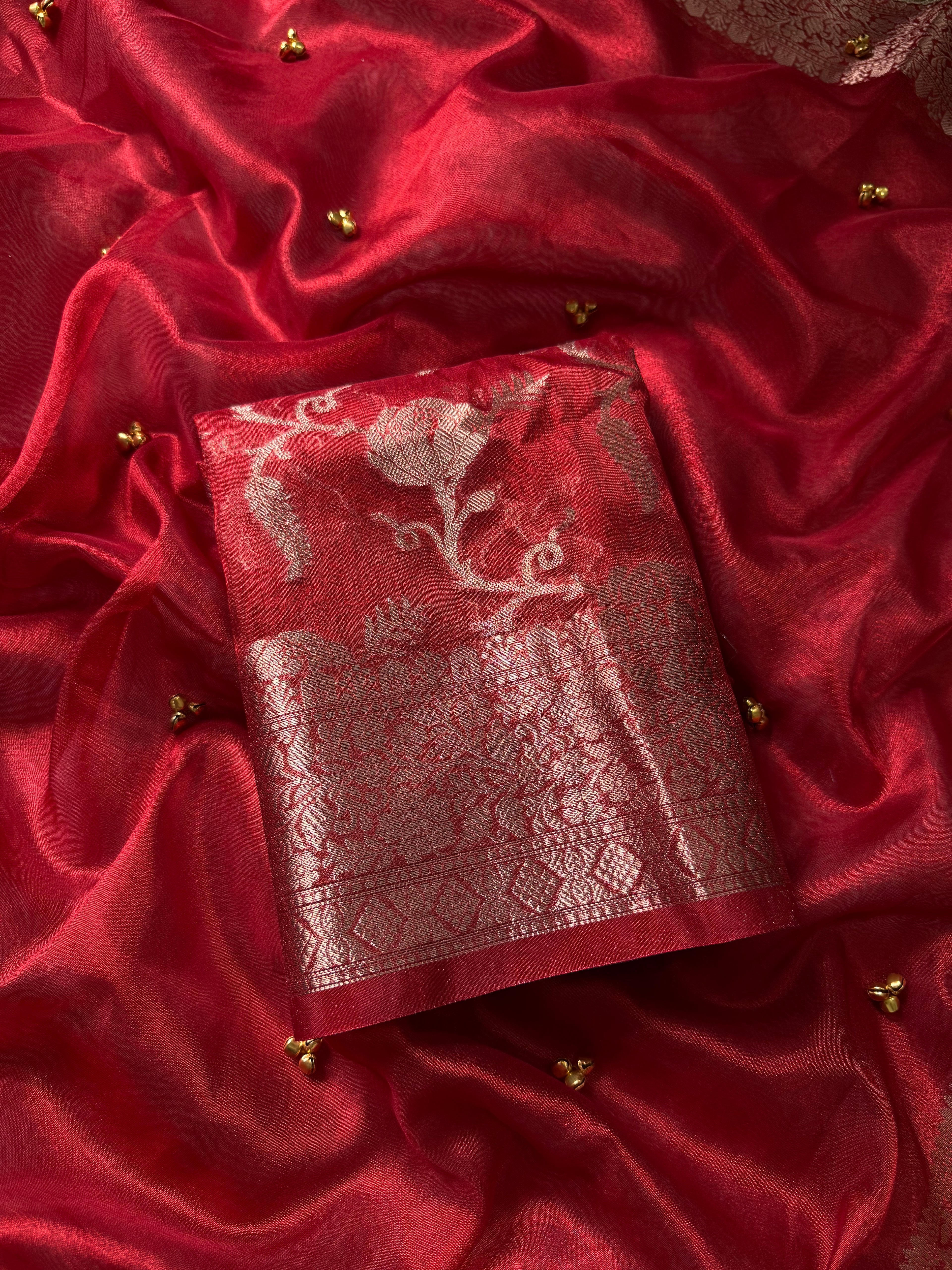 Red Banarasi tissue saree X ghungroo work