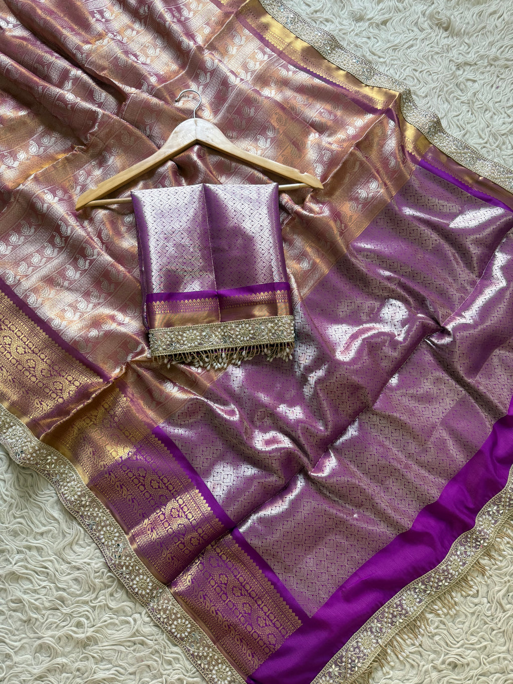 Magenta Bridal Kanjeevaram Brocade Tissue Saree with Designer Pearl and Mirror Lace Work Jhalar Lace on Pallu