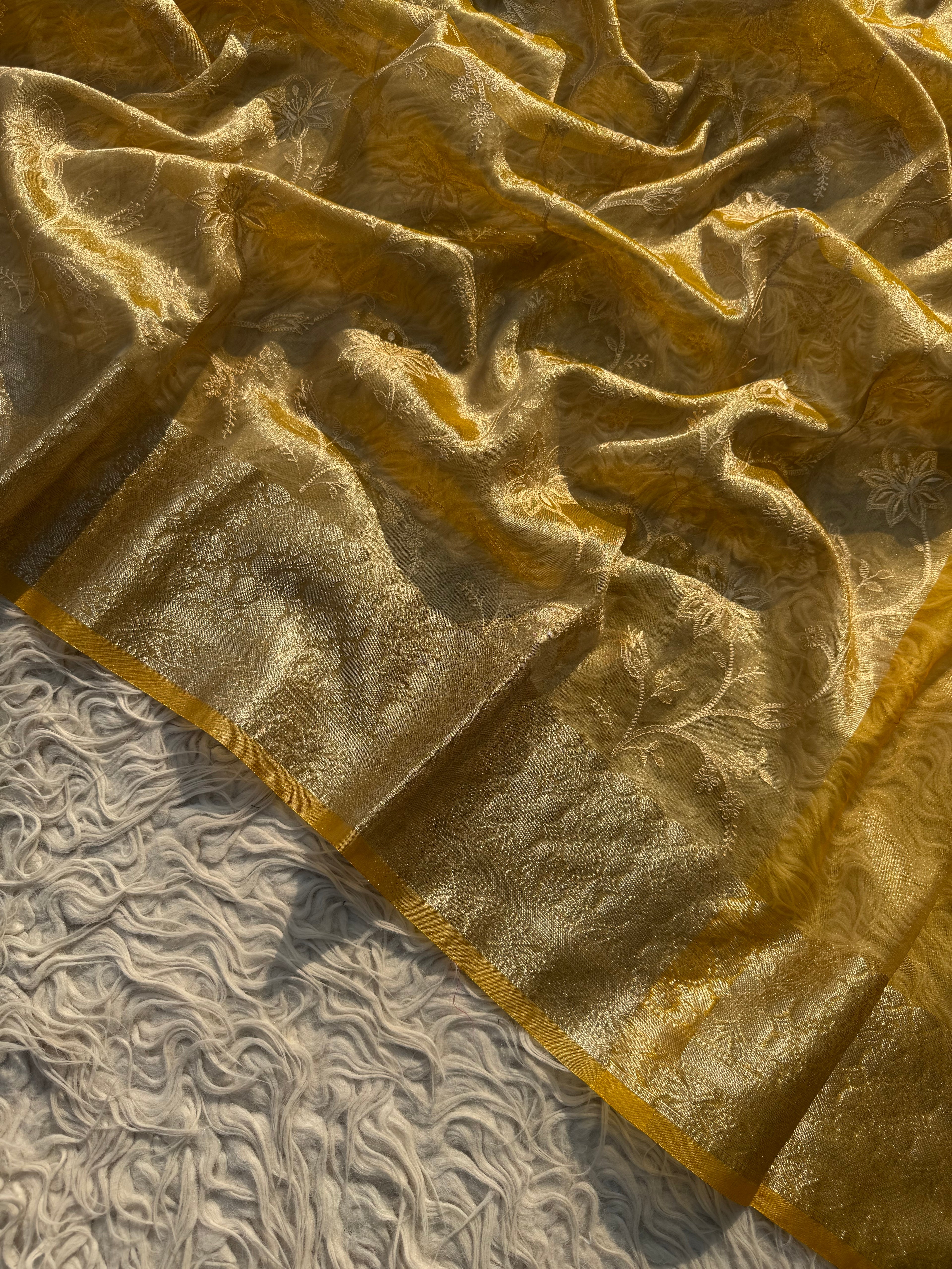 Golden Yellow Banarasi Embroidery Tissue Silk Saree