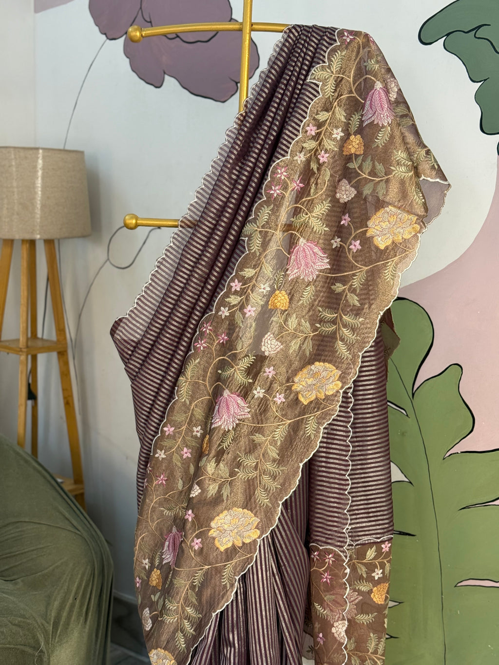 Brown Designer Chiniya Tissue Silk Stripe Saree with multi color floral embroidered on Tissue Base