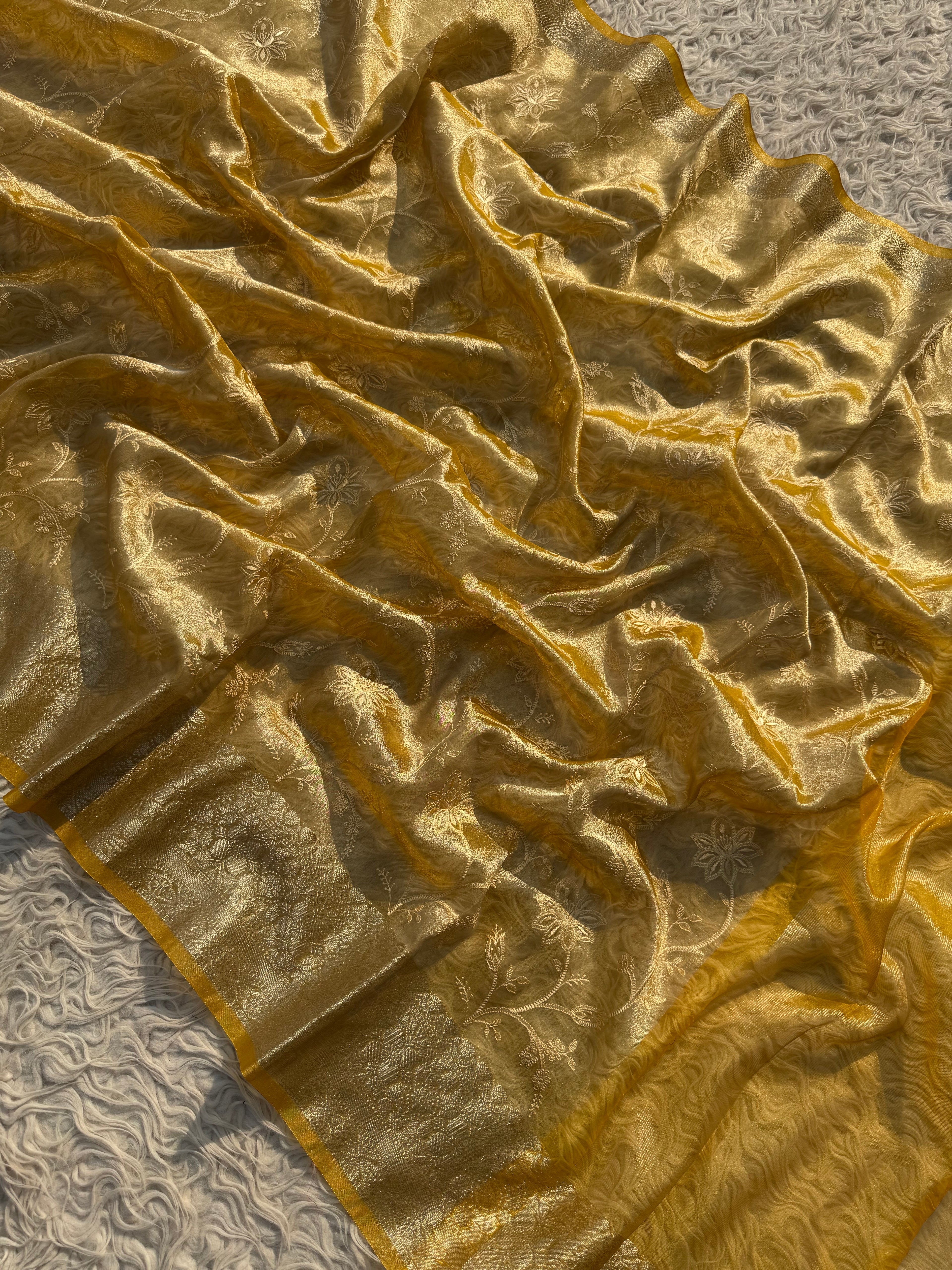 Golden Yellow Banarasi Embroidery Tissue Silk Saree