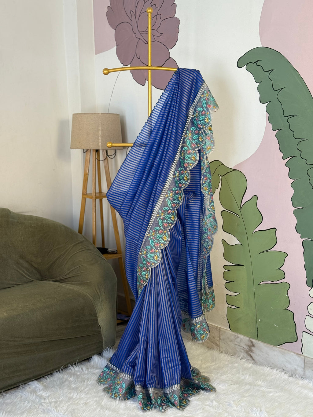 Royal Blue Designer Chiniya Tissue Silk Stripe Saree with multi color floral embroidered on Tissue Base
