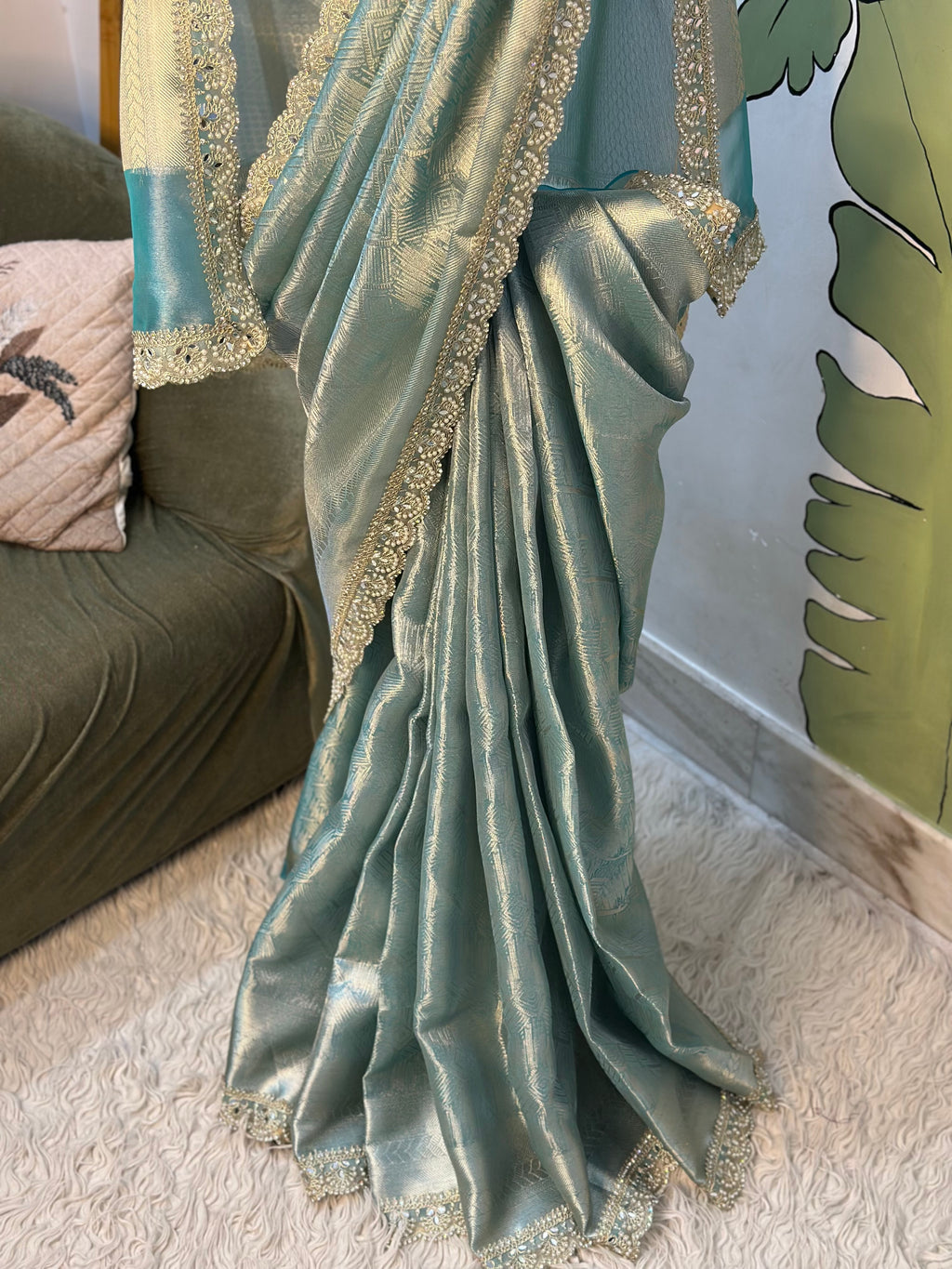Bridal Kanjeevaram Brocade Tissue Saree with Designer Pearl and Mirror Lace Work