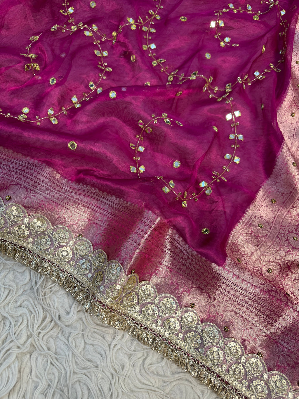 Pure Banarasi Tissue Saree with Hand Work on all over Body with Intricate Border and Pallu Design Along with Gotta Patti Lace Work