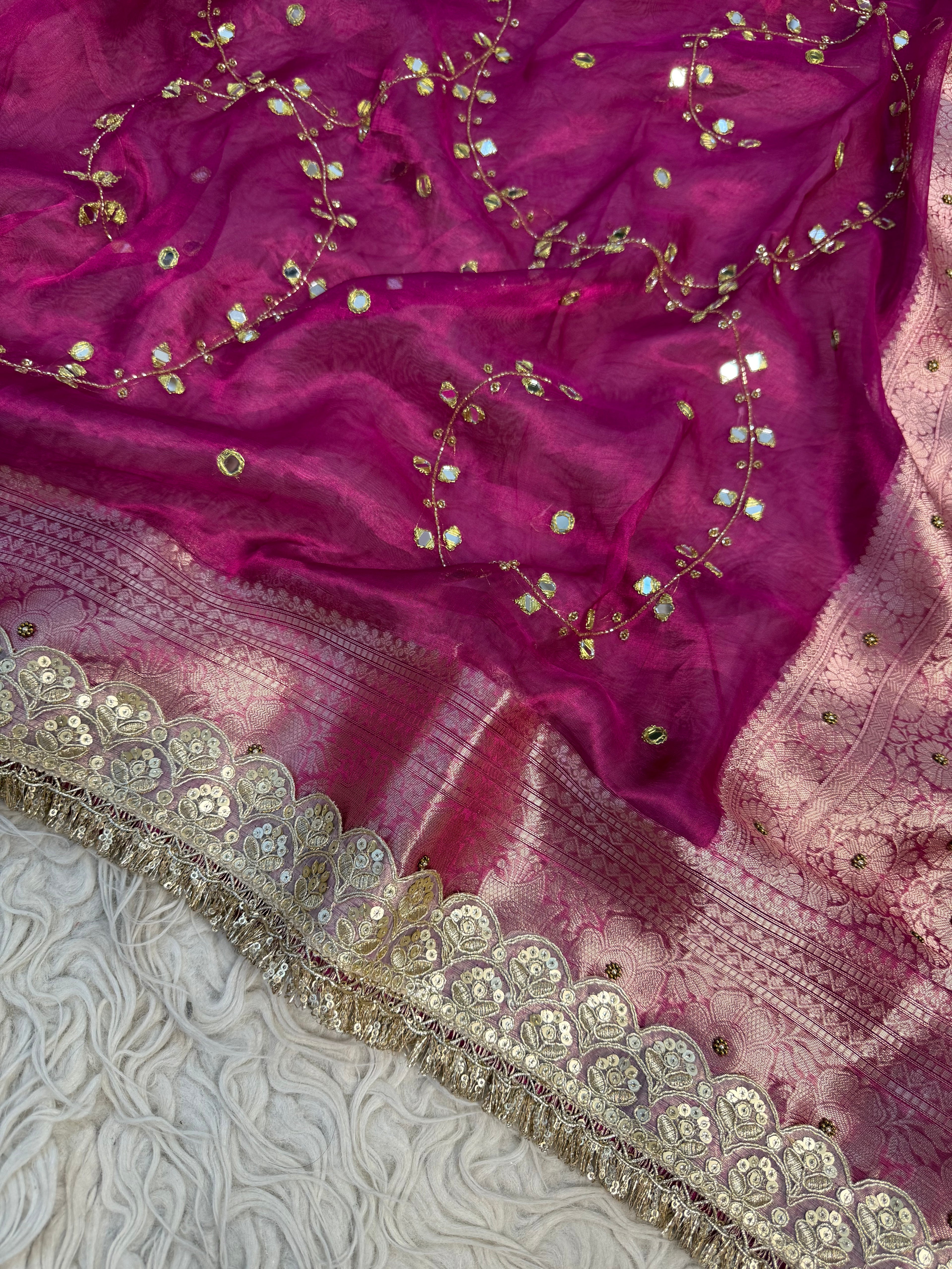 Pure Banarasi Tissue Saree with Hand Work on all over Body with Intricate Border and Pallu Design Along with Gotta Patti Lace Work