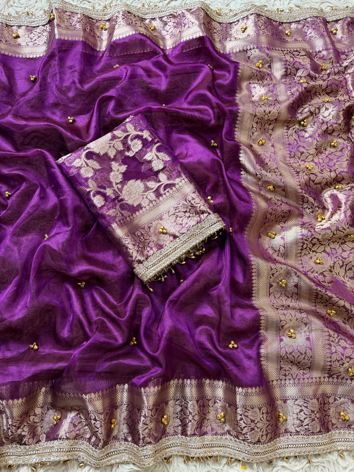 Deep purple Banarasi tissue saree X ghungroo work