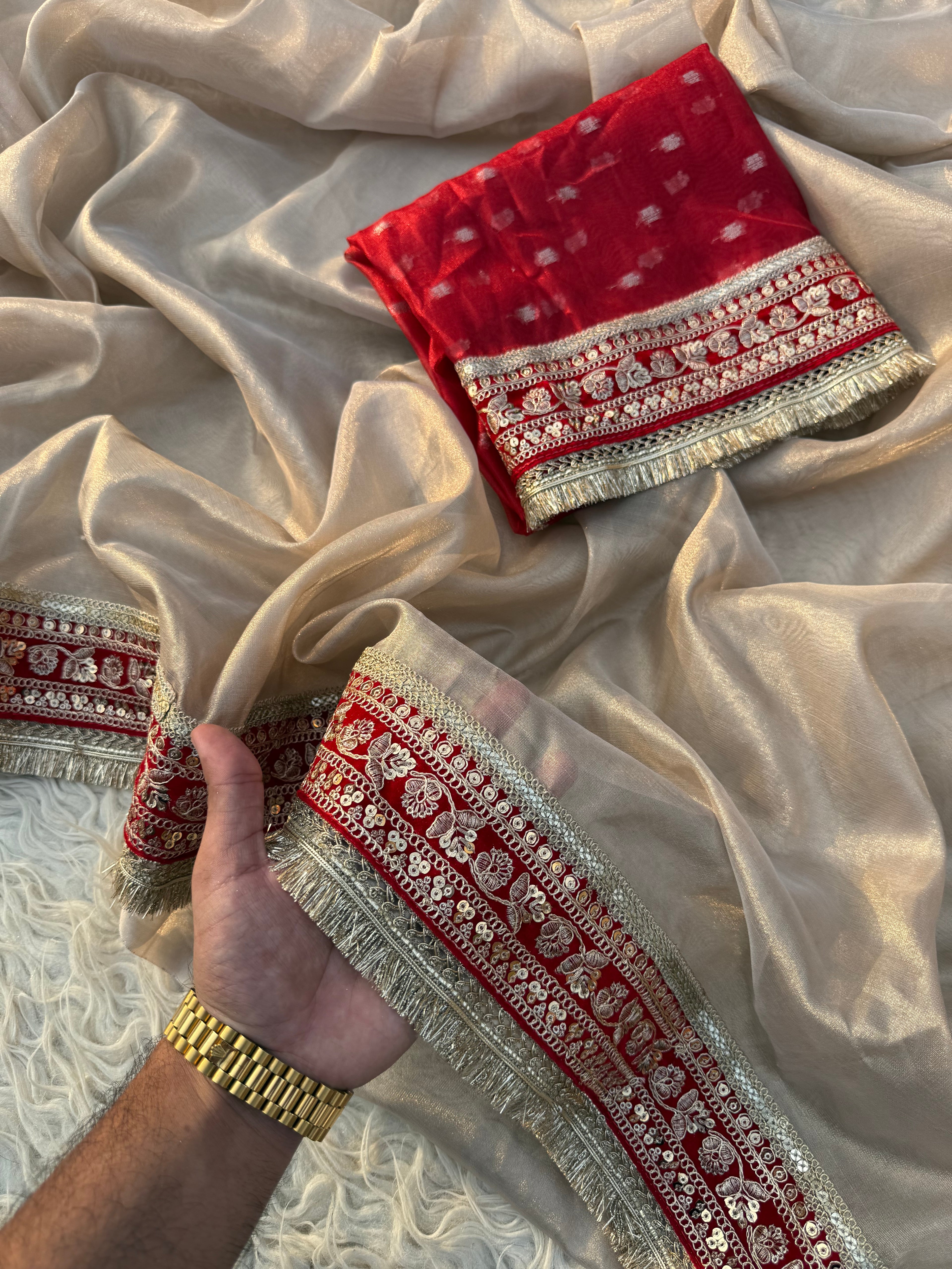 Kajol Inspired Ivory Tissue Silk Saree with Red Velvet Lace border with contrast Red Blouse