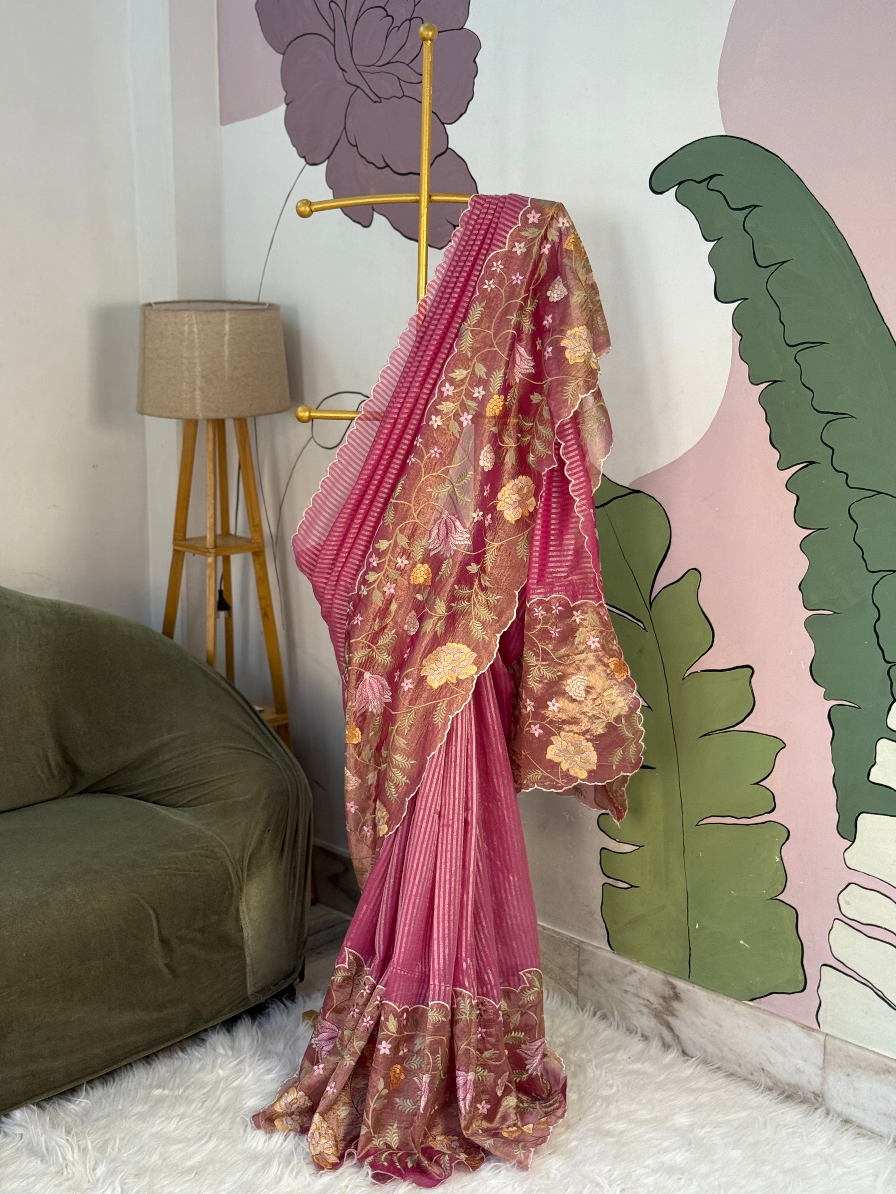 Rani Pink Brown Designer Chiniya Tissue Silk Stripe Saree with multi color floral embroidered on Tissue Base
