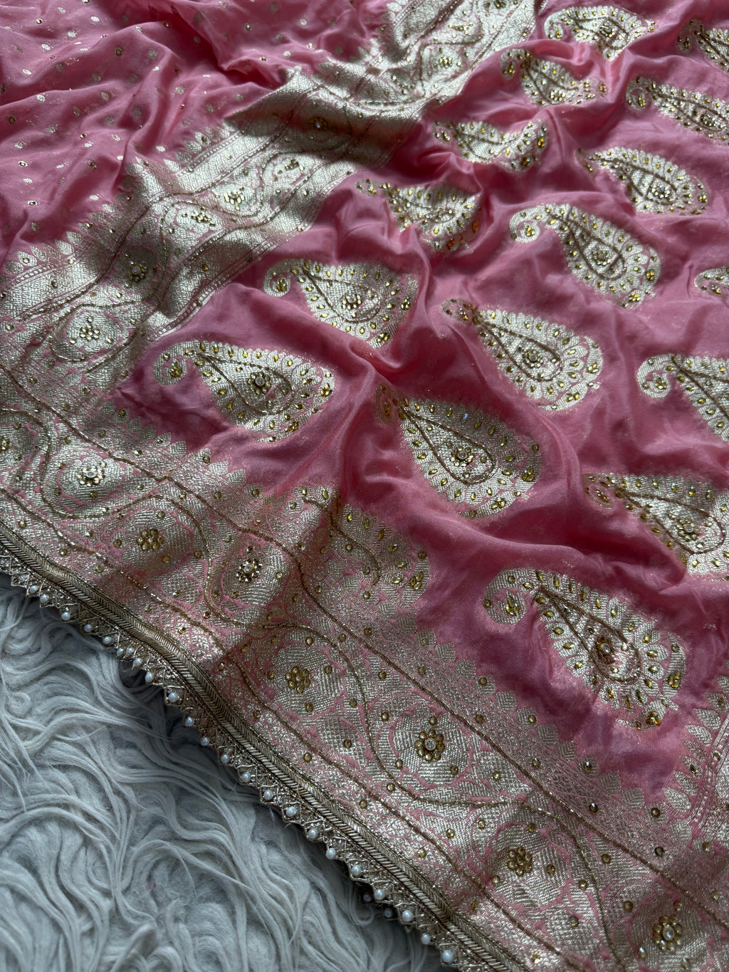 Barbie pink Georgette Designer Saree with cutdana handwork