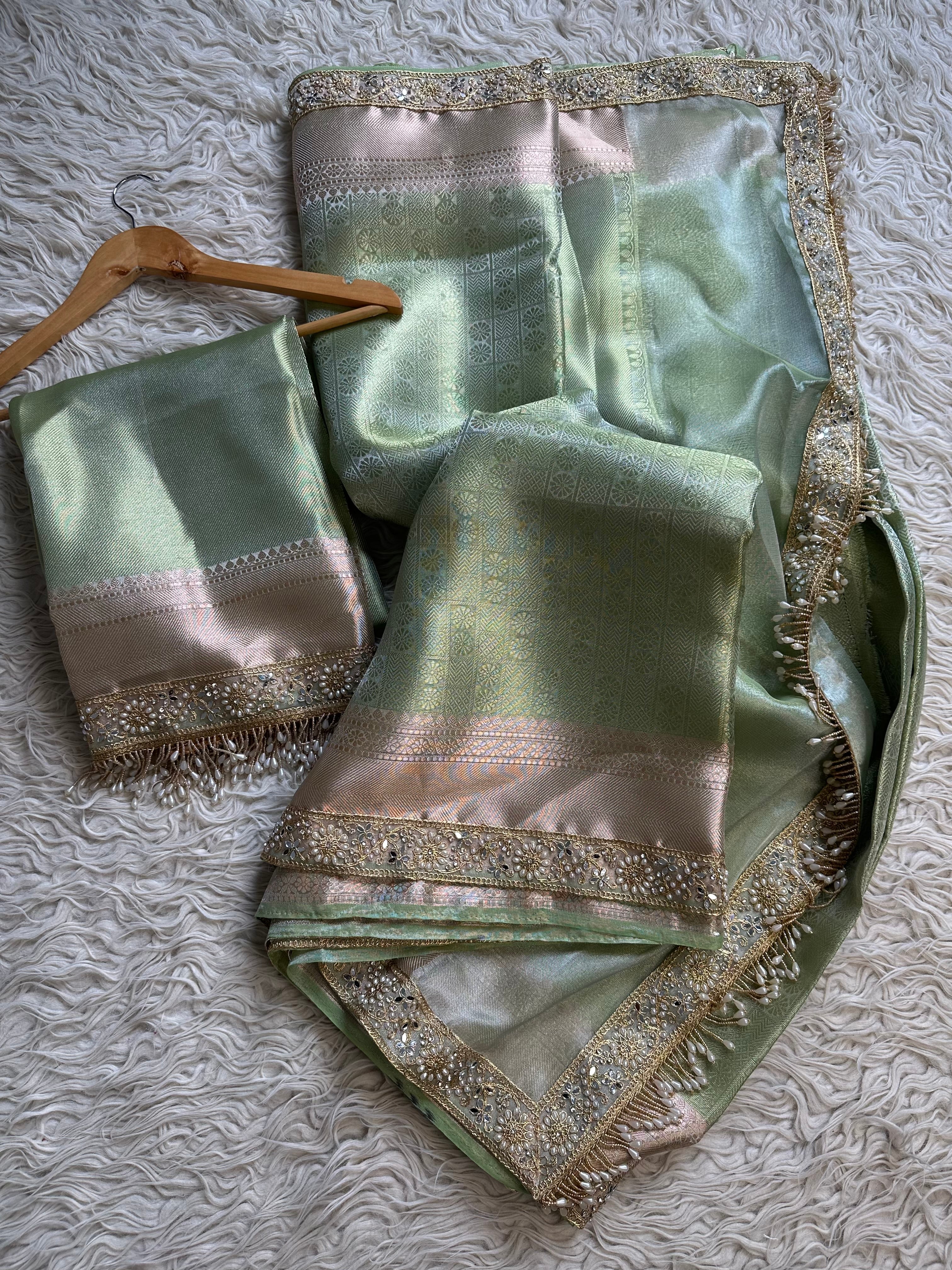 Bridal Kanjeevaram Brocade Tissue Saree with Designer Pearl and Mirror Lace Work Jhalar Lace on Pallu