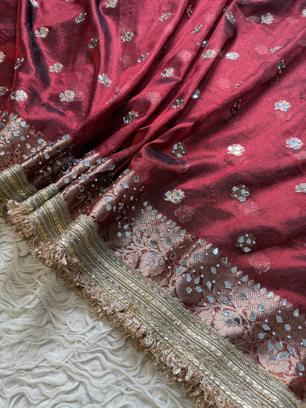 Designer Banarasi Tissue Saree with Pearl Work on all over Body with Intricate Border and Pallu Design Along with Gotta Patti Lace Work