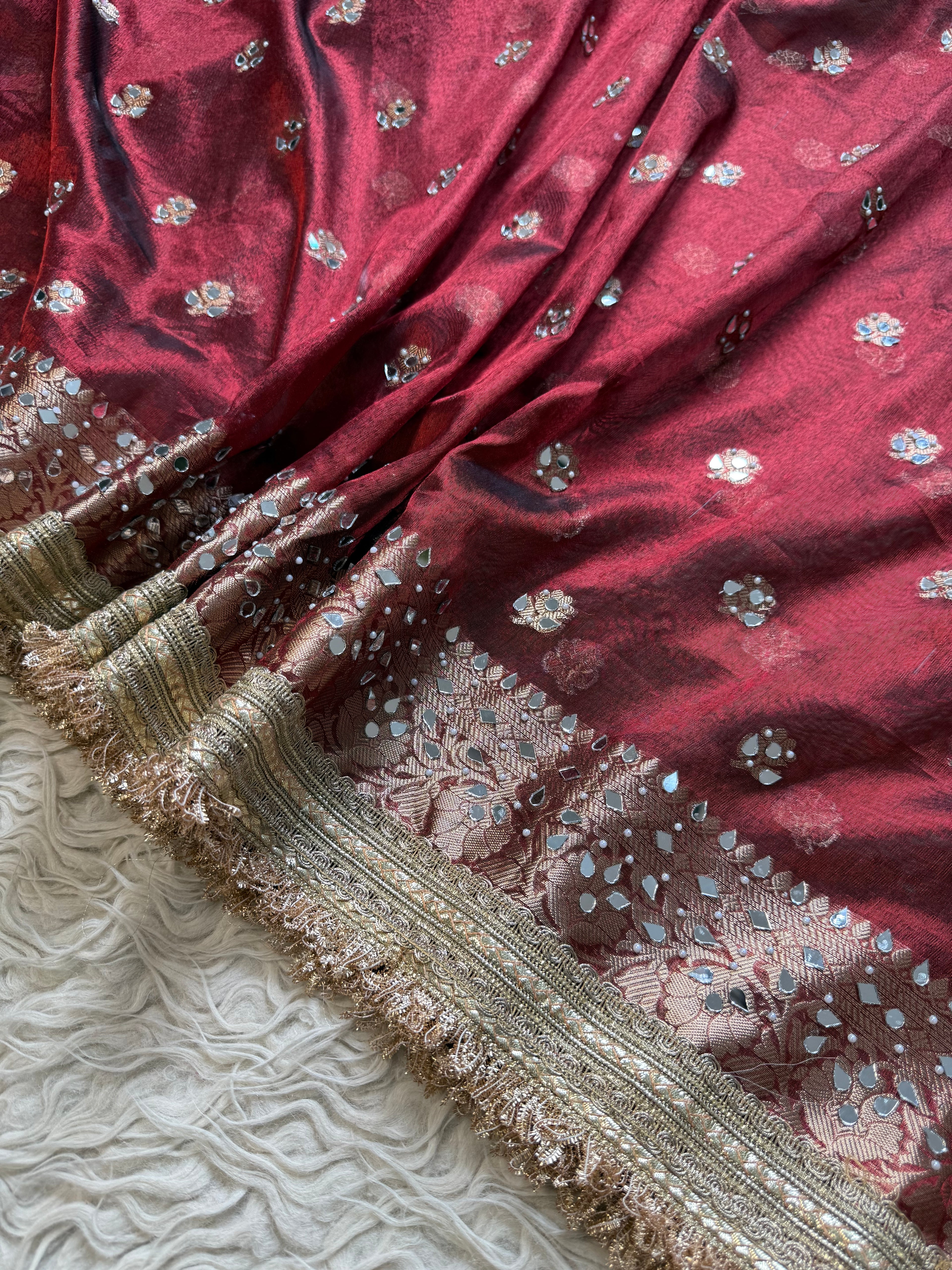 Designer Banarasi Tissue Saree with Pearl Work on all over Body with Intricate Border and Pallu Design Along with Gotta Patti Lace Work