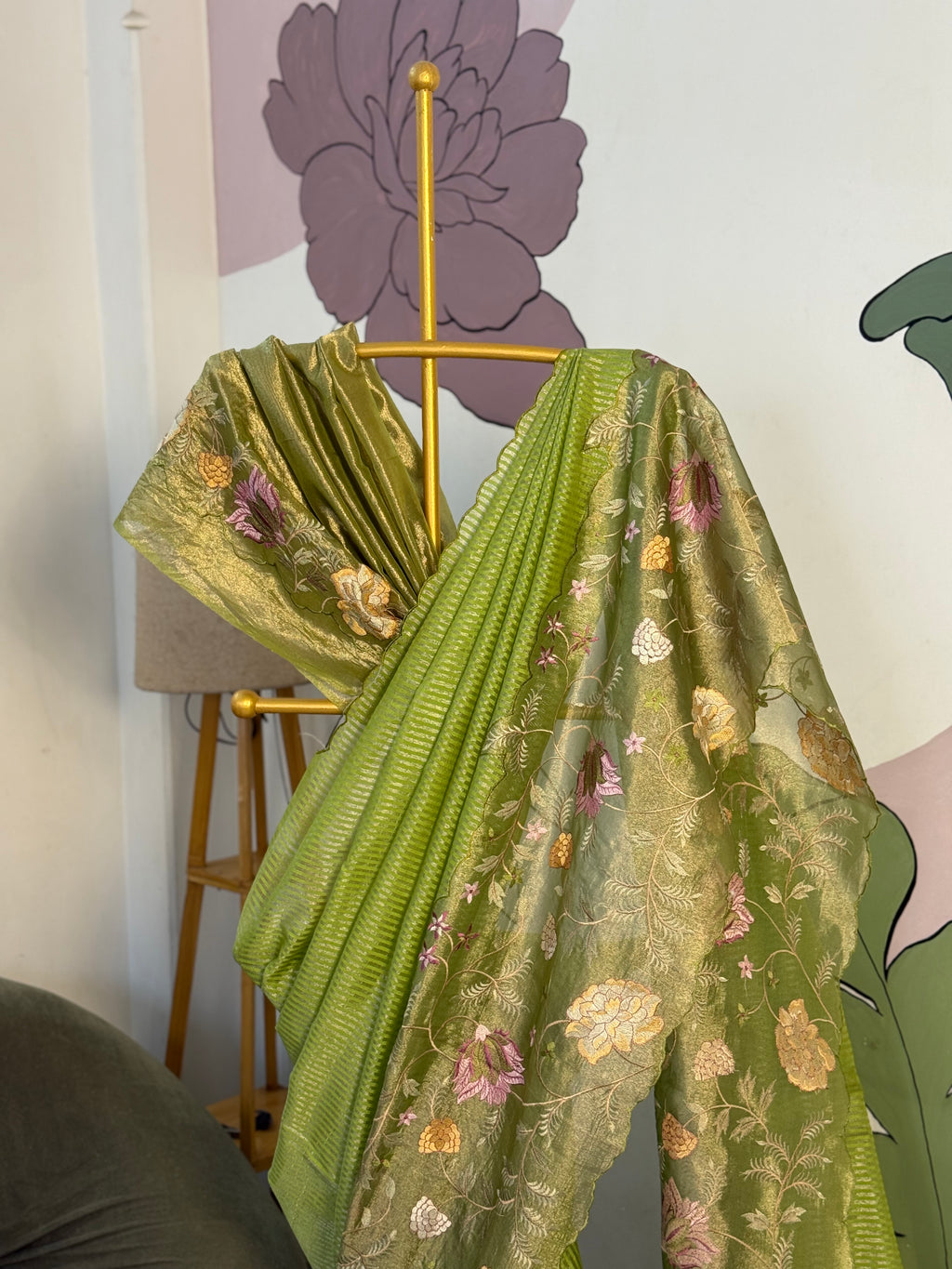 Light Green Designer Chiniya Tissue Silk Stripe Saree with multi color floral embroidered on Tissue Base