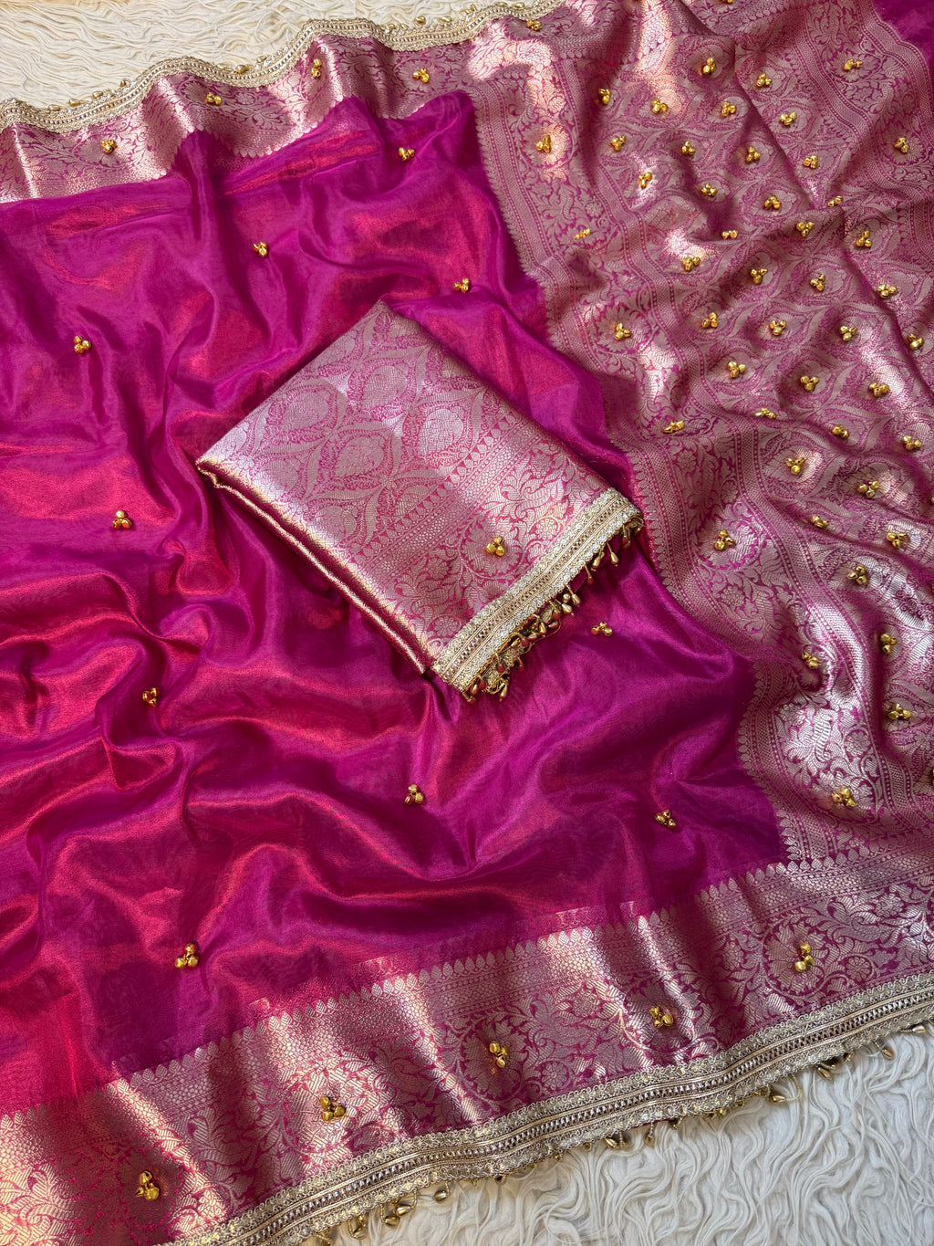 Rani pink Banarasi tissue saree X ghungroo work